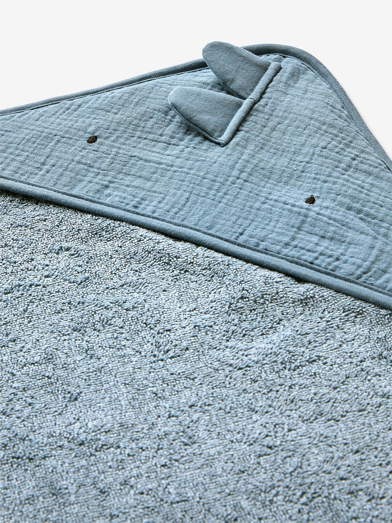 Cape de bain bébé en gaze de coton + gant de toilette PETIT DINO bleu