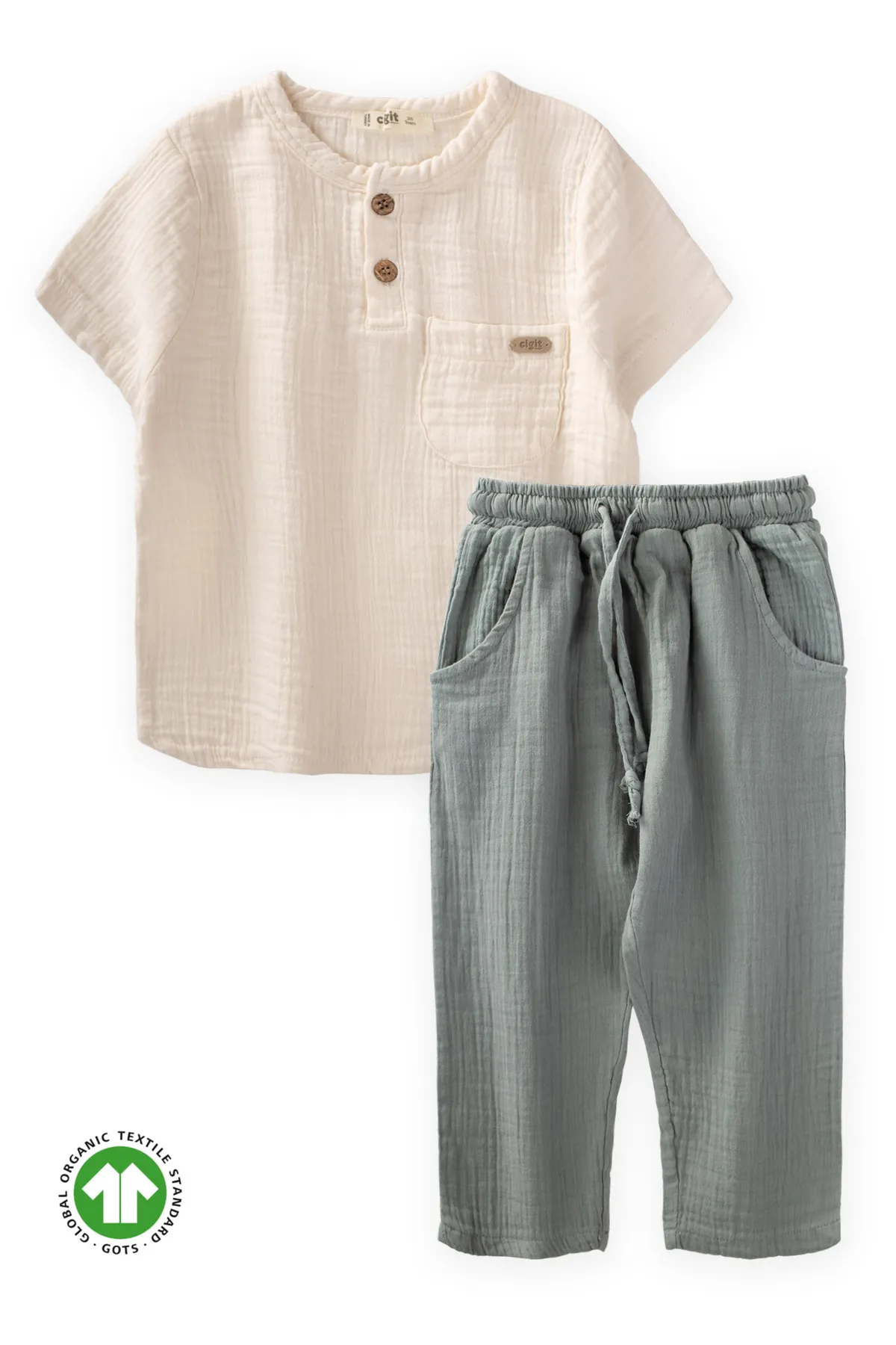 Cigit  Böhmisches Hemdset aus Bio-Musselin, 2–7 Jahre, Creme-Creme-Grün
