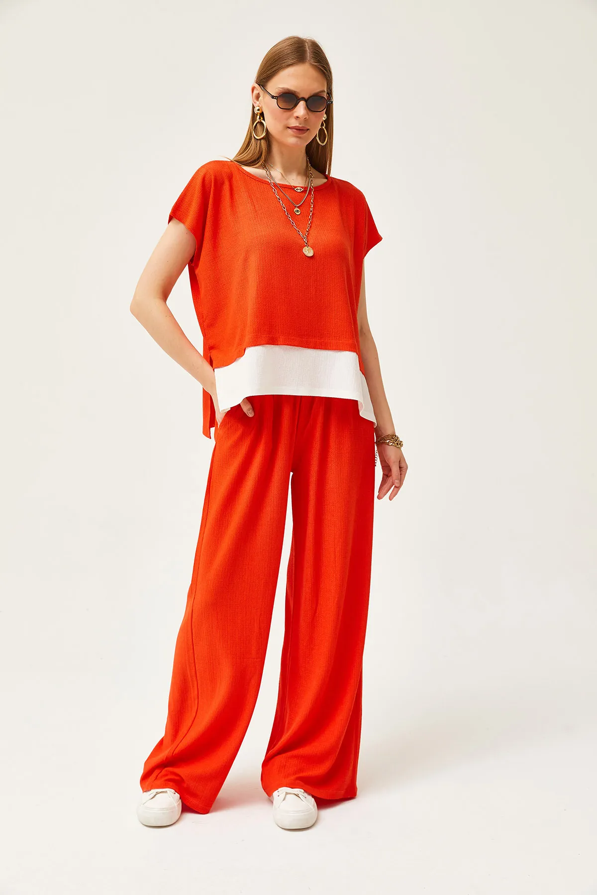 Olalook  Damen-Set mit Oberteil, Bluse und Hose in Orange TKM-19000273