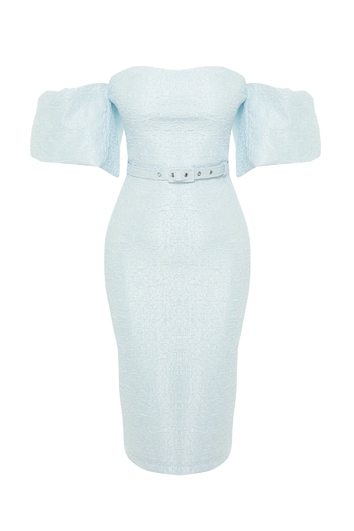 Trendyol Collection  Hellblaues, mit Gürtel gefüttertes, strukturiertes, gewebtes, selbstgemustertes, elegantes Abendkleid TPRSS19FZ0335