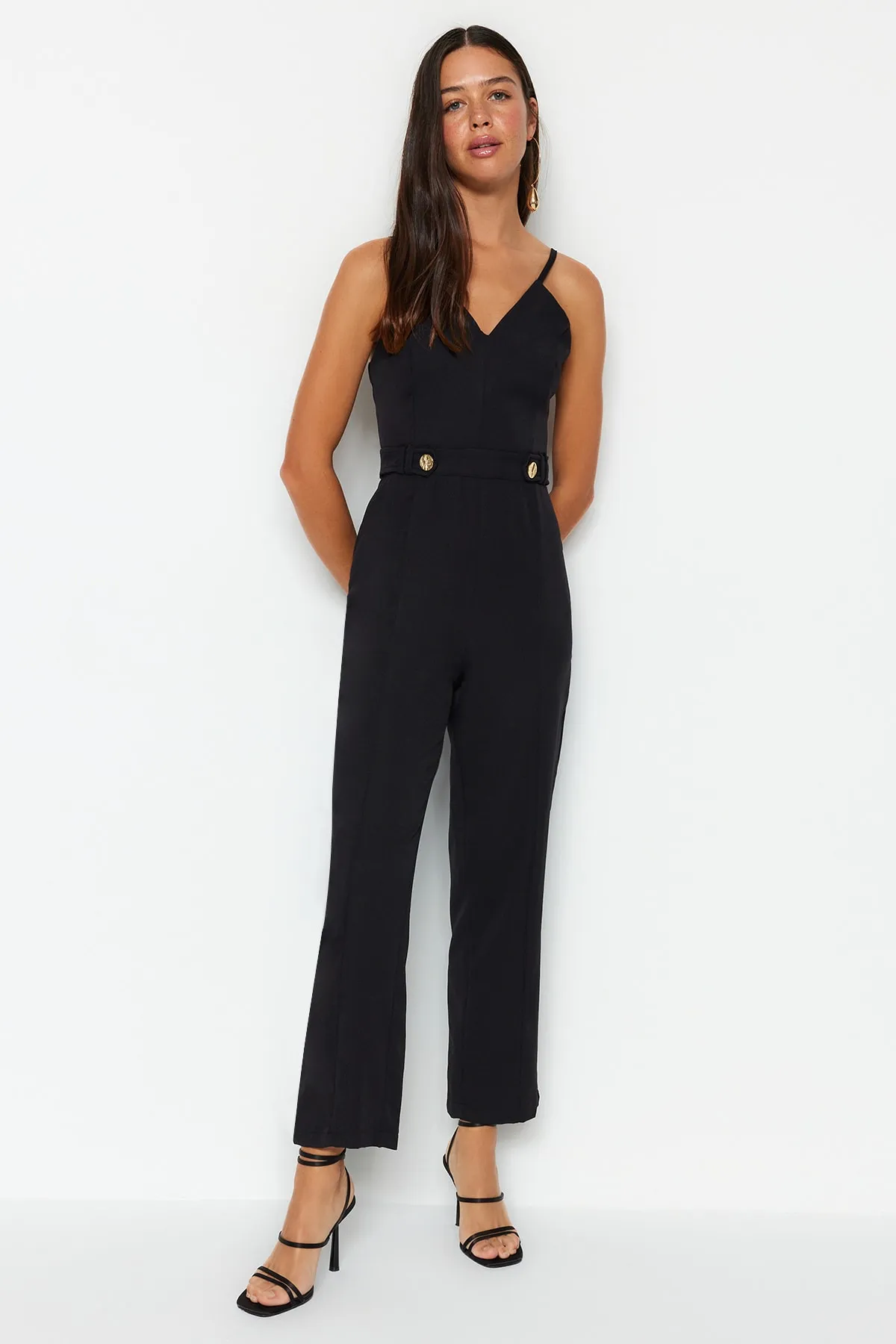Trendyol Collection  Schwarzer Jumpsuit mit Knopfleiste TWOSS23TU00145