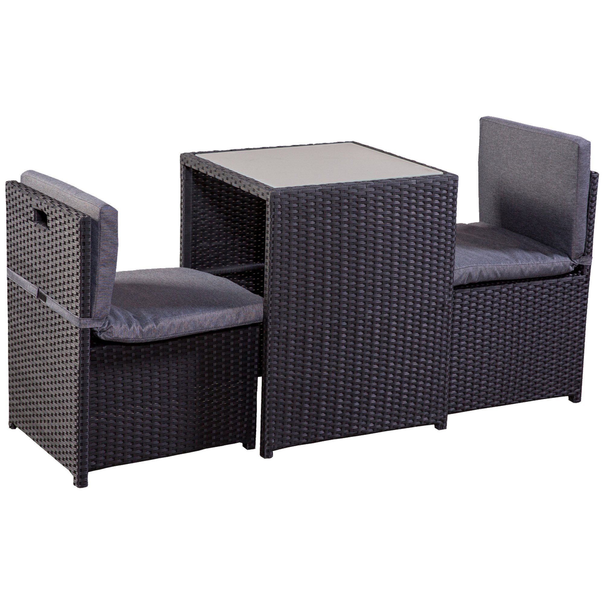 Raburg Balkonset HANNAH in SCHIEFER-SCHWARZ - abnehmbare, gehärtete Glasplatte, (3-teiliges Premium-Set), kompakt & robust aus Stahl & Polyrattan, inkl. Polster, platzsparend