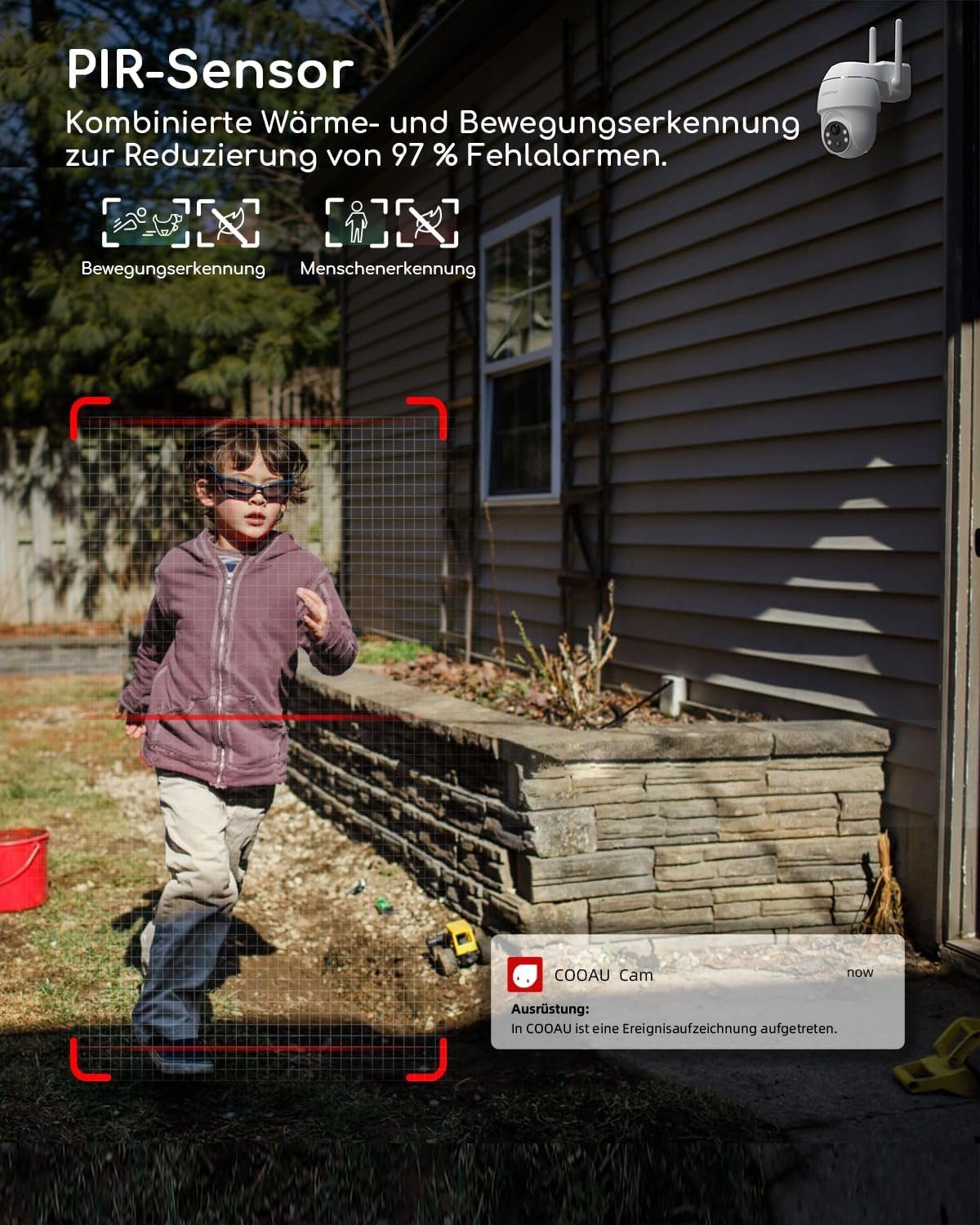 COOAU 2K 3MP Überwachungskamera Aussen Akku Kabellose WLAN IP Kamera Überwachungskamera (Außenbereich, Wald, Farm, Campingbus, Straße, 355°/90° Schwenkbar,Nachtsicht in Farbe, Personen-/Bewegungserkennung, Intelligente PIR-Erkennung-Fast keine Fehlal