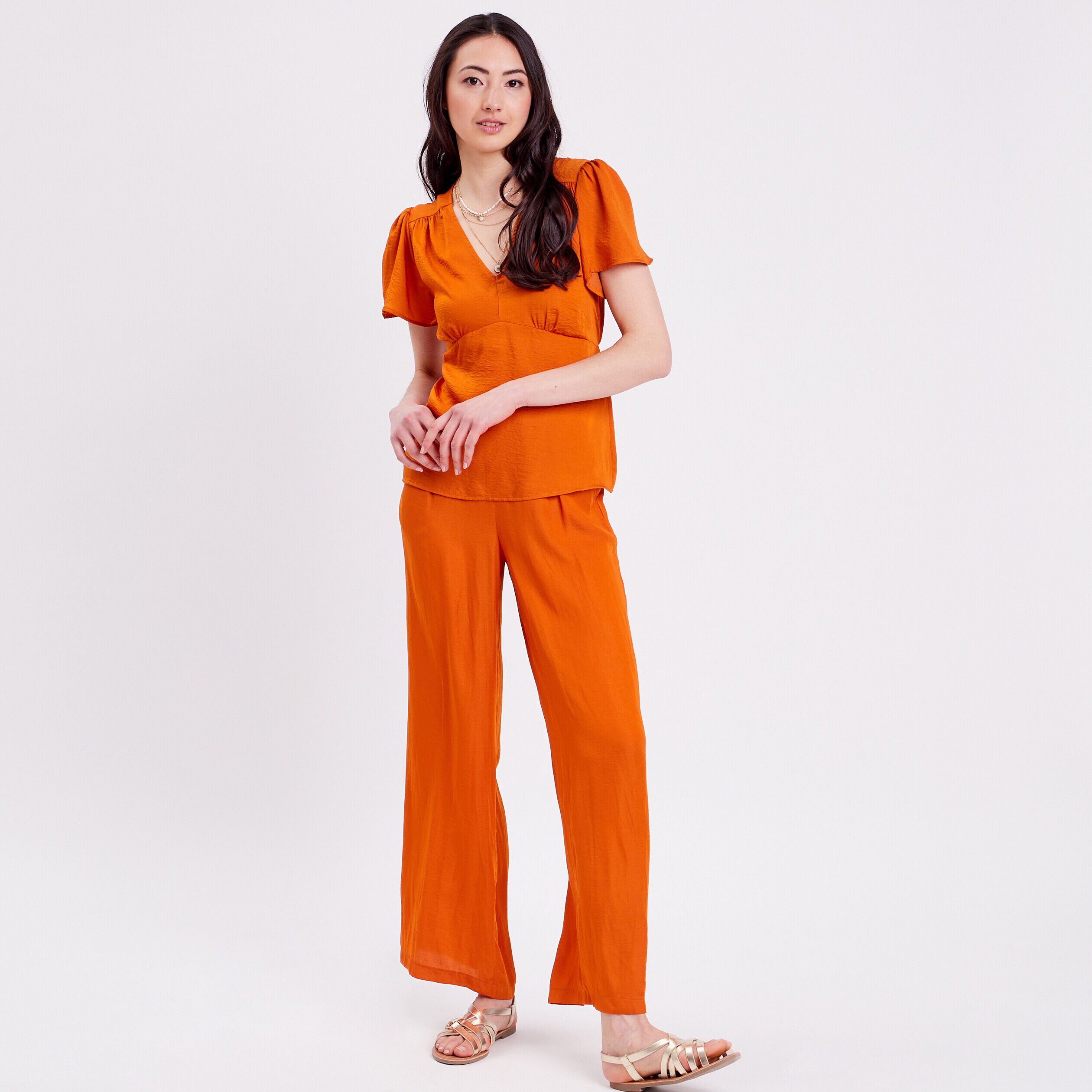 Blouse manches courtes satin orange femme | Cache Cache