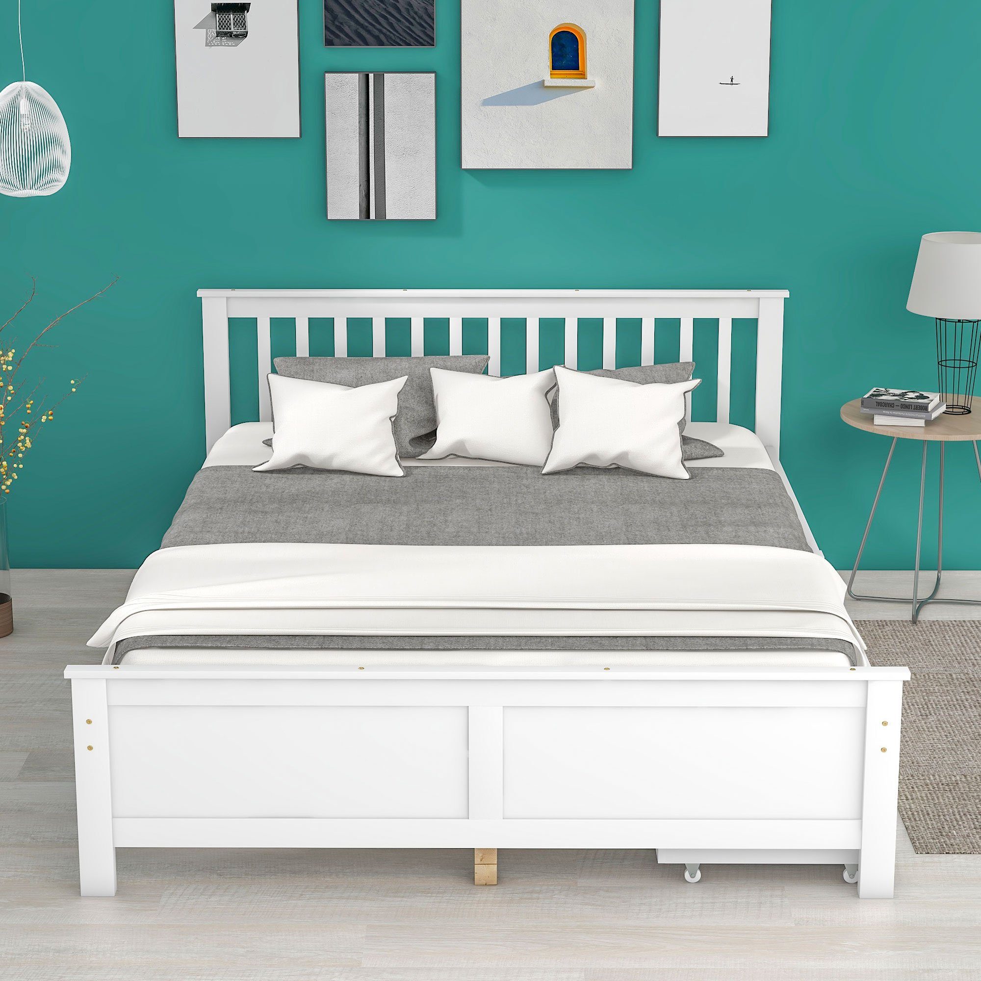 Fangqi Massivholzbett 140x200 großes Doppelbett mit Schubladen, Jugendbett mit Kiefernrahmen, mit zwei Bettschubladen
