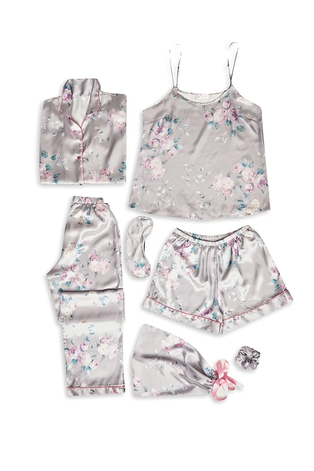 C&City  Gemustertes 7-teiliges Satin-Pyjama-Set 9550 Grau