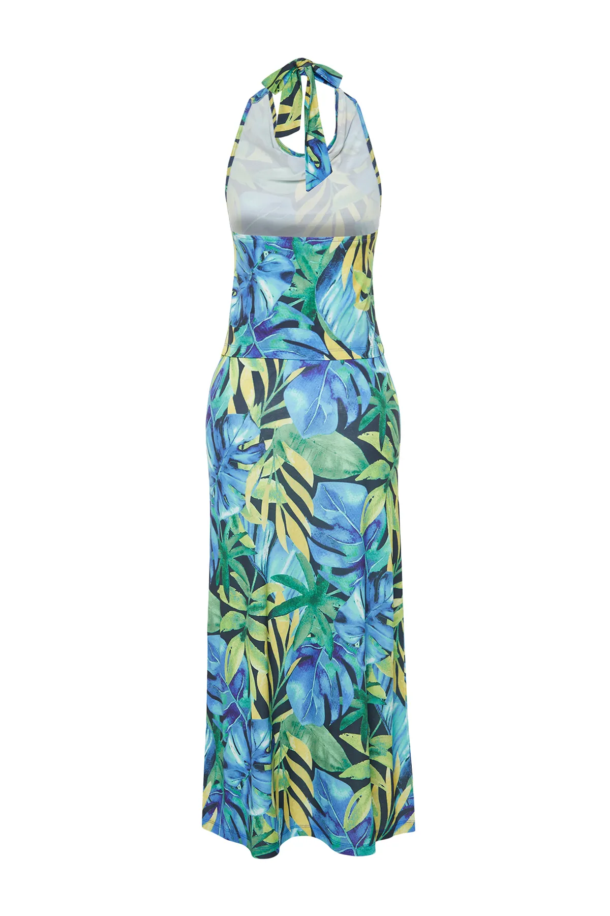 Trendyol Collection  Grünes, floral bedrucktes, schmales Set aus Strick mit Degaje-Kragen und flexiblem Unterteil und Oberteil TWOSS24AU00016