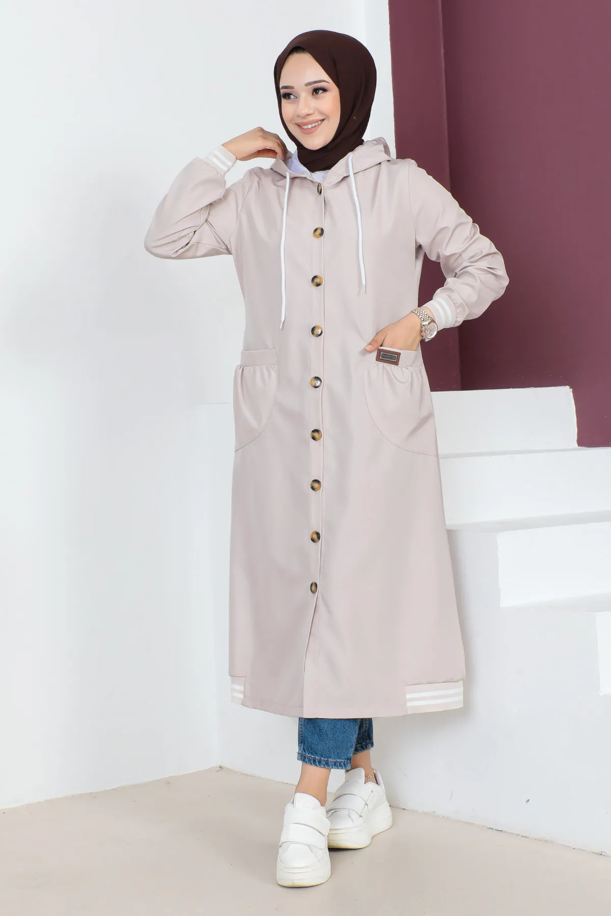 Tesettür Dünyası  Gerippter Trenchcoat TSD230638 Beige