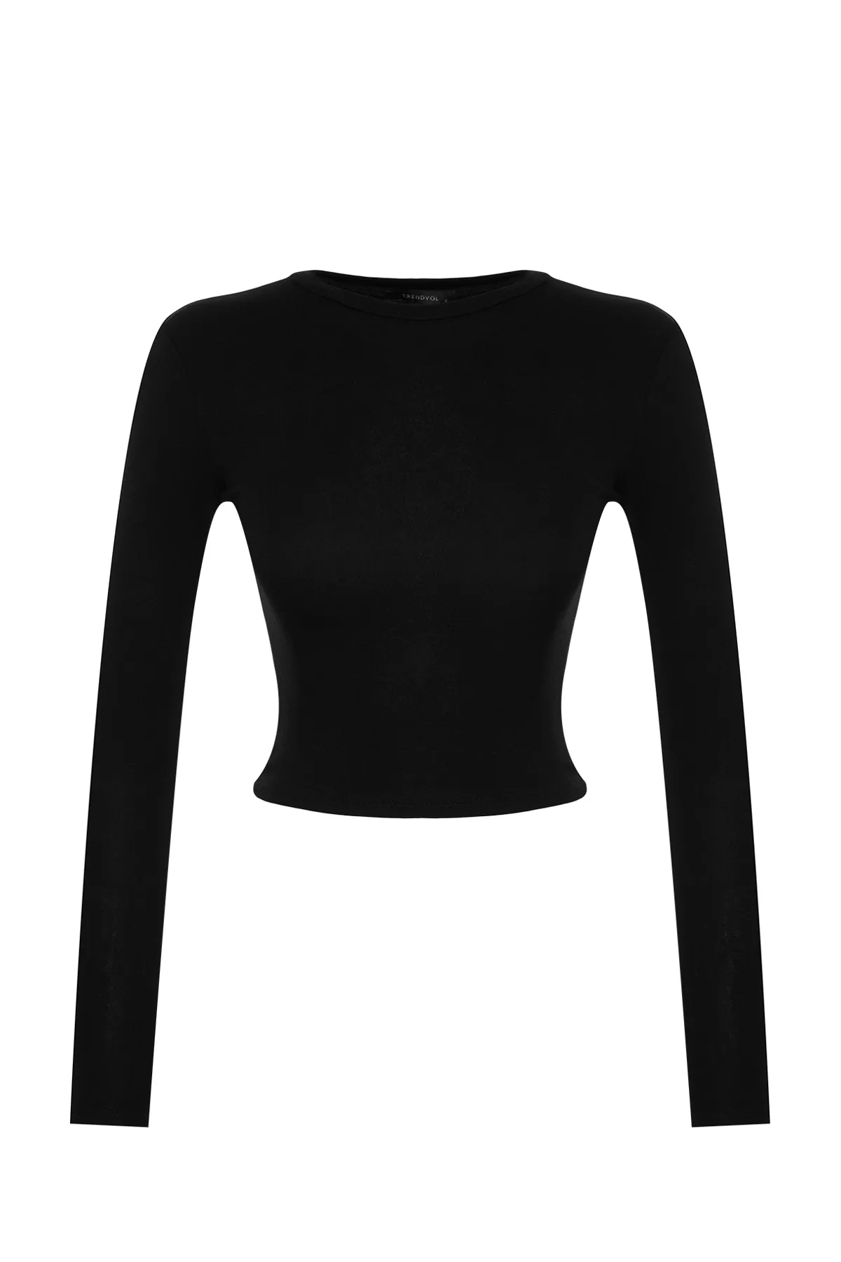 Trendyol Collection  Schwarze Premium-Viskose-Strickbluse mit kurzem Schnitt und dehnbarem Rundhalsausschnitt TWOAW24BZ00116