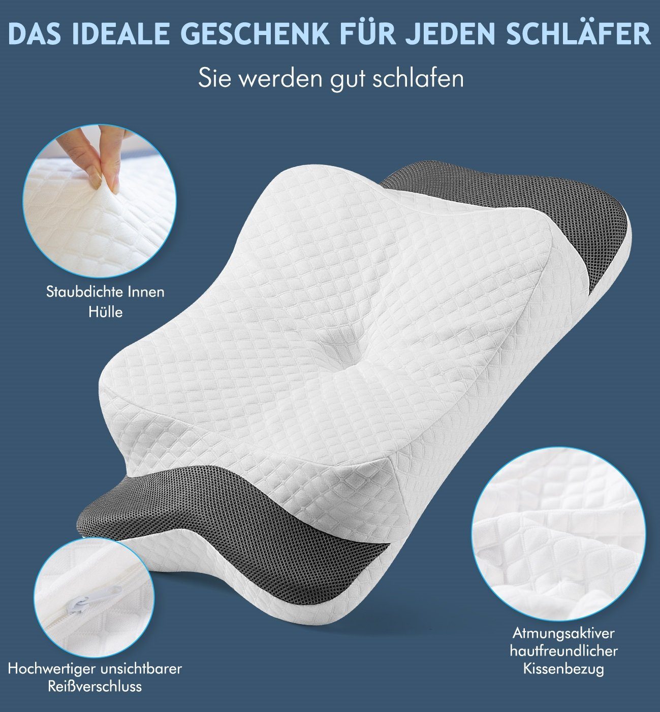 Nackenstützkissen 60X38cm Kopfkissen aus Memory Schaum, höhenverstellbare Schlafkissen, Elegear, Füllung: Memory-Foam, Rückenschläfer, Seitenschläfer, Bauchschläfer, gegen Nackenschmerzen