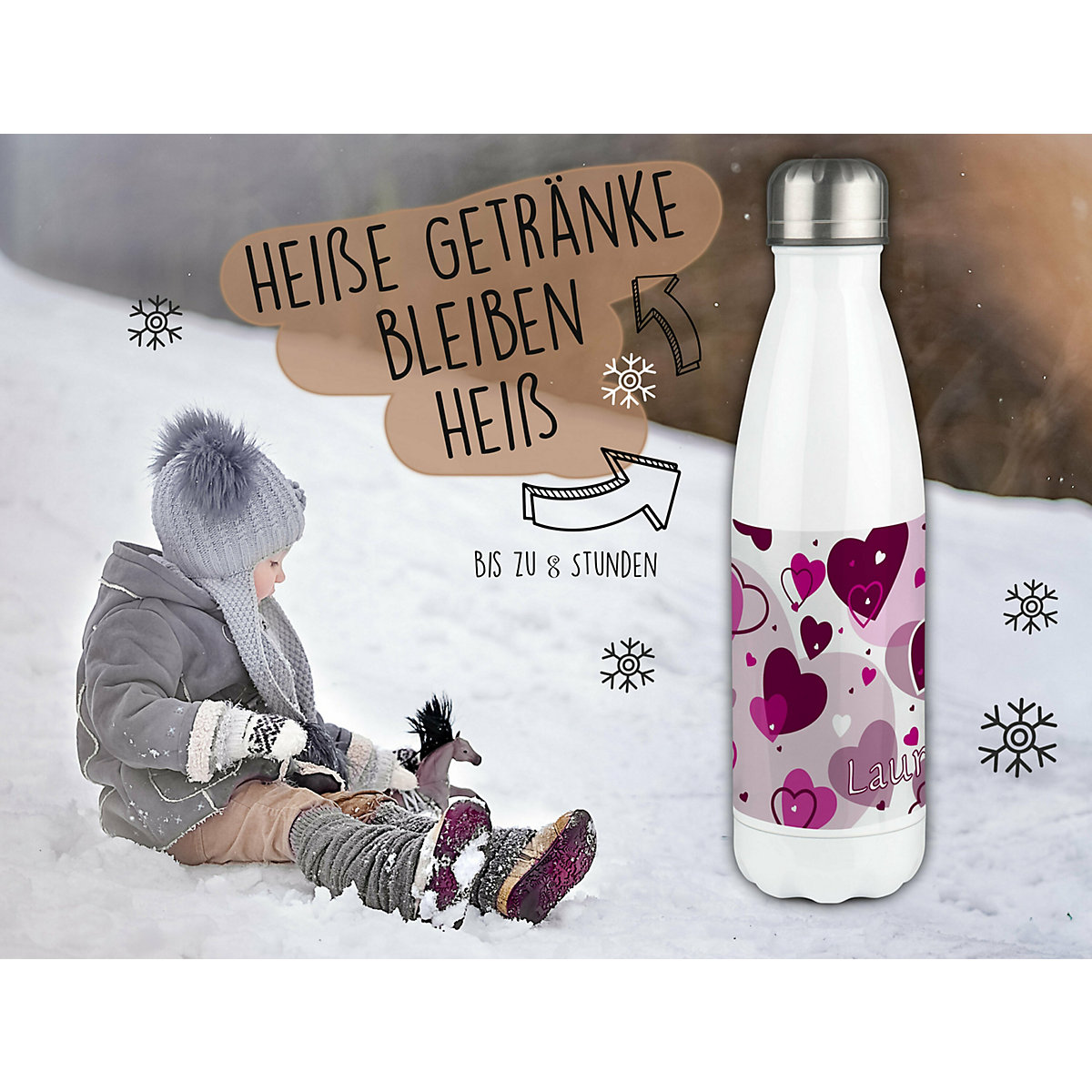 Edelstahl Kinder Thermoflasche / Trinkflasche bunt Herz Farbe brombeere Spülmaschinenfest, Auslaufsicher, Bruchfest, Doppelwandig, Für Heißgetränke geeignet, Mit Deckel, Isoliert