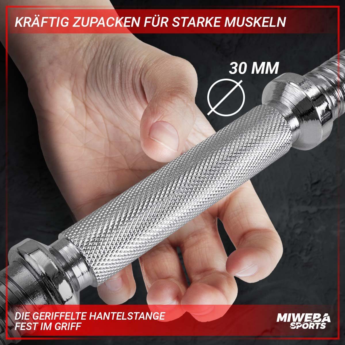 Miweba Sports Hantel-Set Profi Fitness Kurzhantel MKH110, (Einzelhantel 1x 10 kg, Stange mit 30 mm Standardnorm, rutschfest mit Sternverschluss, Hantelstange aus Stahl, kreuzgerändelt, 2x Hantelscheiben 2,5 kg & 1.25 kg, Krafttraining, Muskelaufbau,