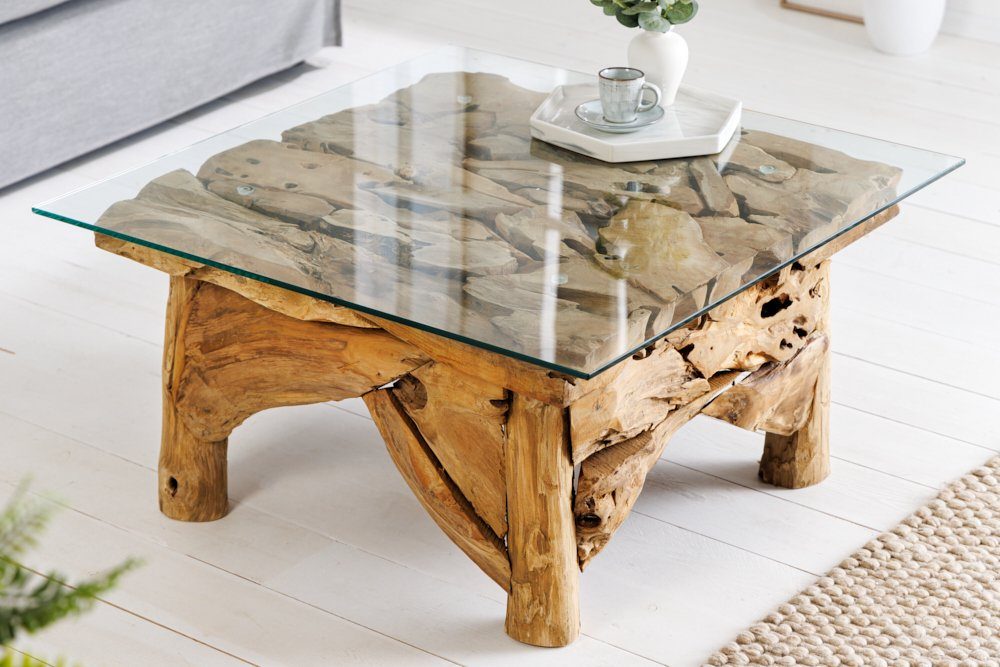 riess-ambiente Couchtisch RIVERSIDE 80cm transparent / braun (Einzelartikel, 1-St), Wohnzimmer · Massivholz · Sicherheitsglas · Handarbeit · Maritim