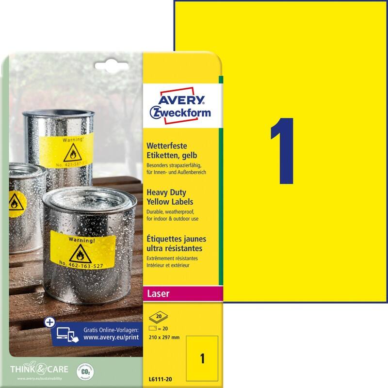 AVERY Zweckform L6111-20 Wetterfeste Etiketten DIN A4 Gelb 210 x 297 mm 20 Blatt à 1 Etiketten