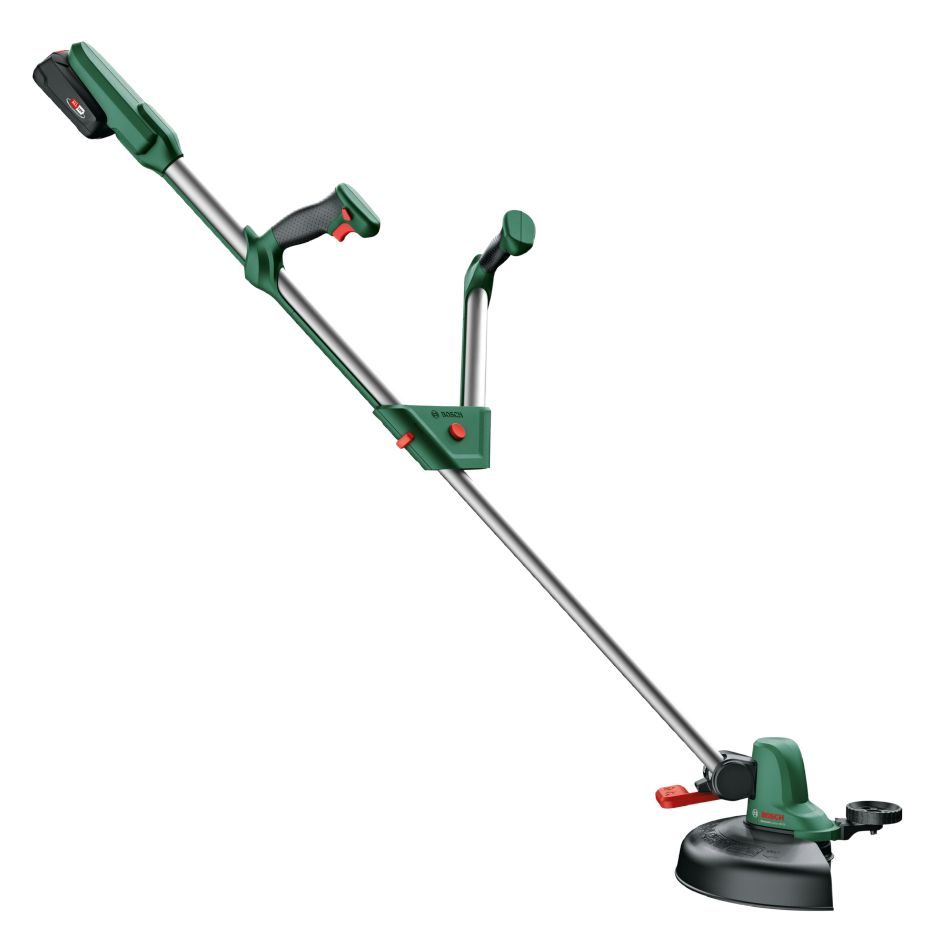 Desbrozadora inalámbrica Bosch Green 06008C1E03 UniversalGrassCut de 18 V-26 pulgadas, 1 batería de 2,5 Ah y cargador AL1830CV en caja.