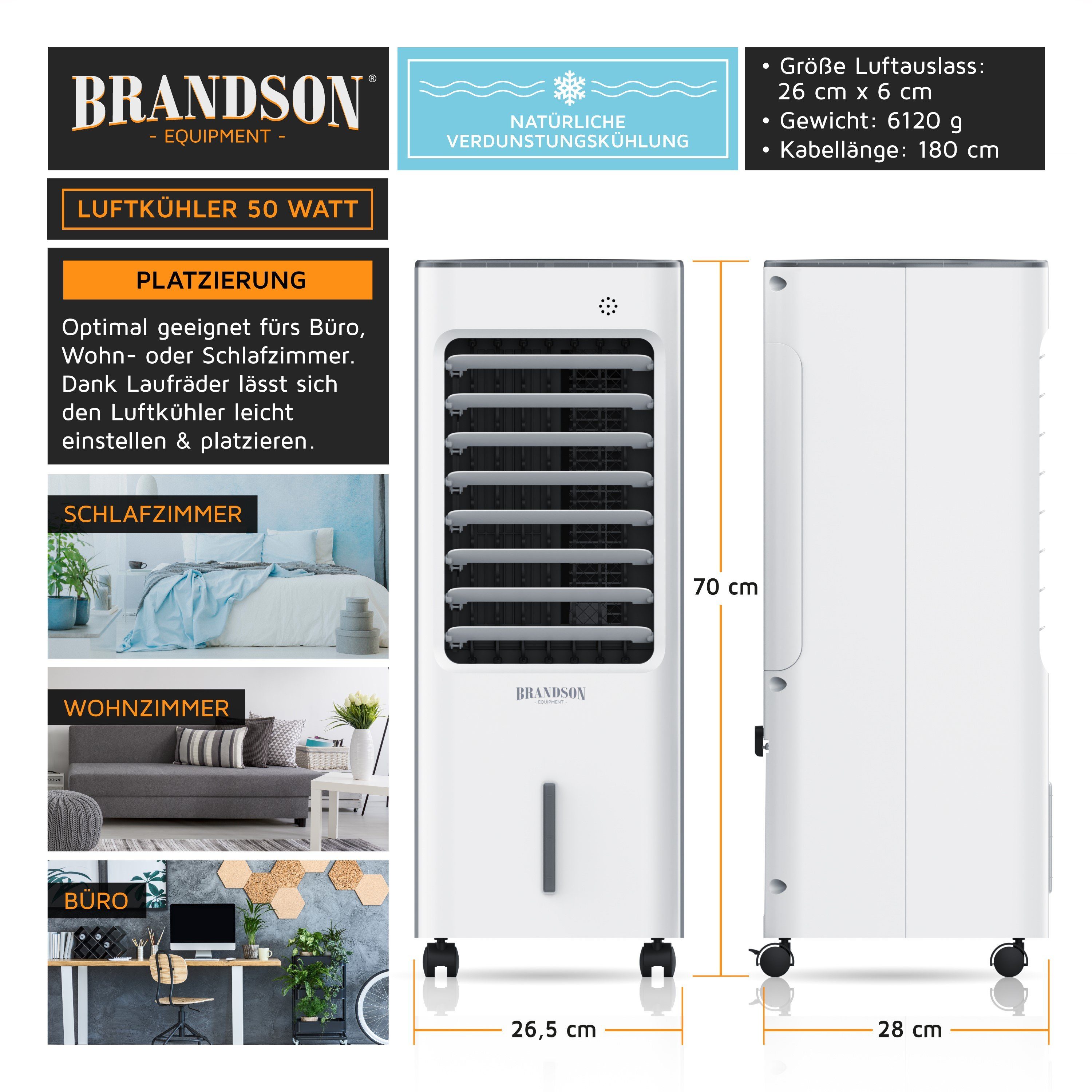 Brandson Ventilatorkombigerät, mobiler Luftkühler, Wasserkühlung, 5L Wassertank, Klimaanlage, 50W