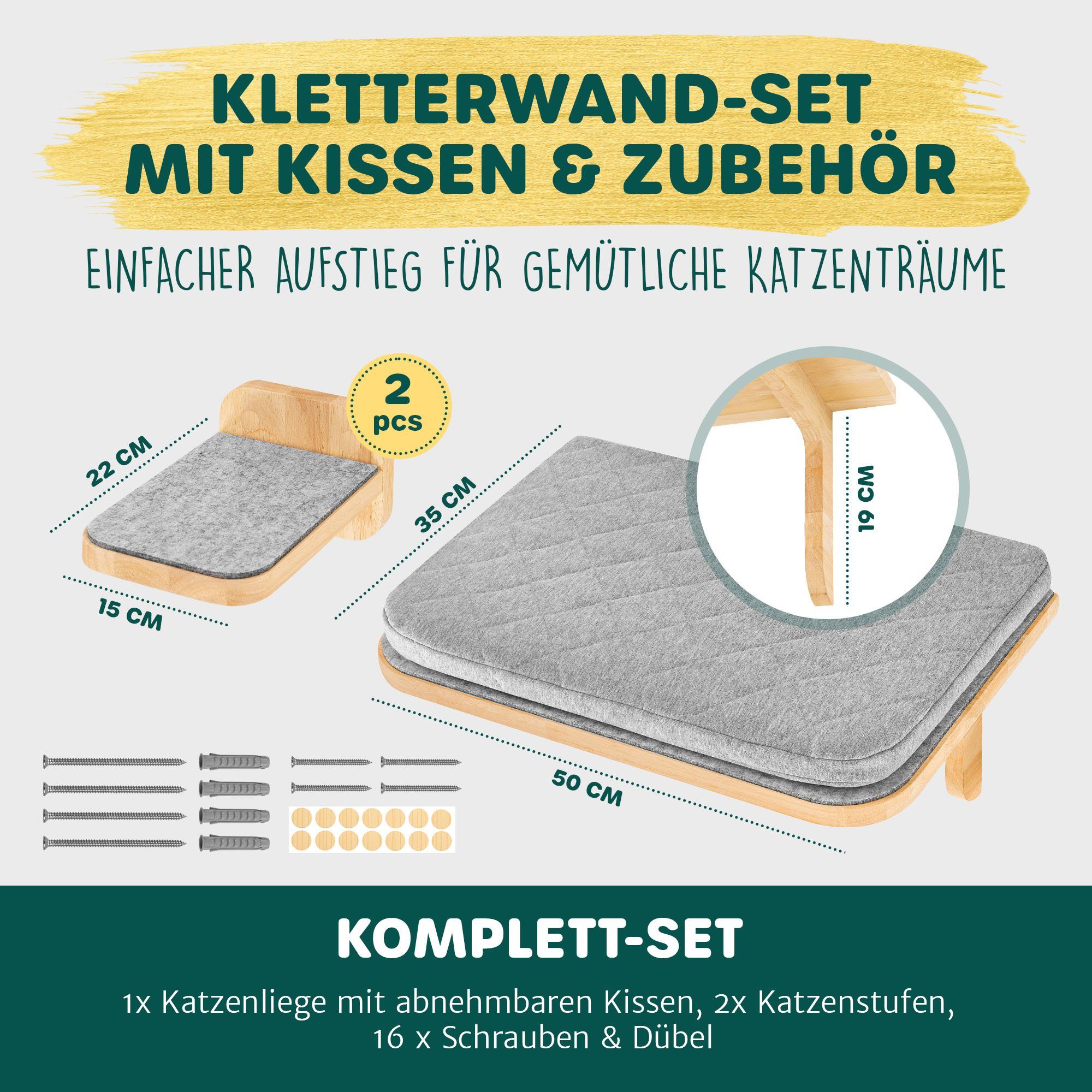 Happypet Katzen-Kletterwand CCLW, inkl. 2 x Katzenstufen Luxus Katzenwand Stabil, Massivholz, bis 45 Kg