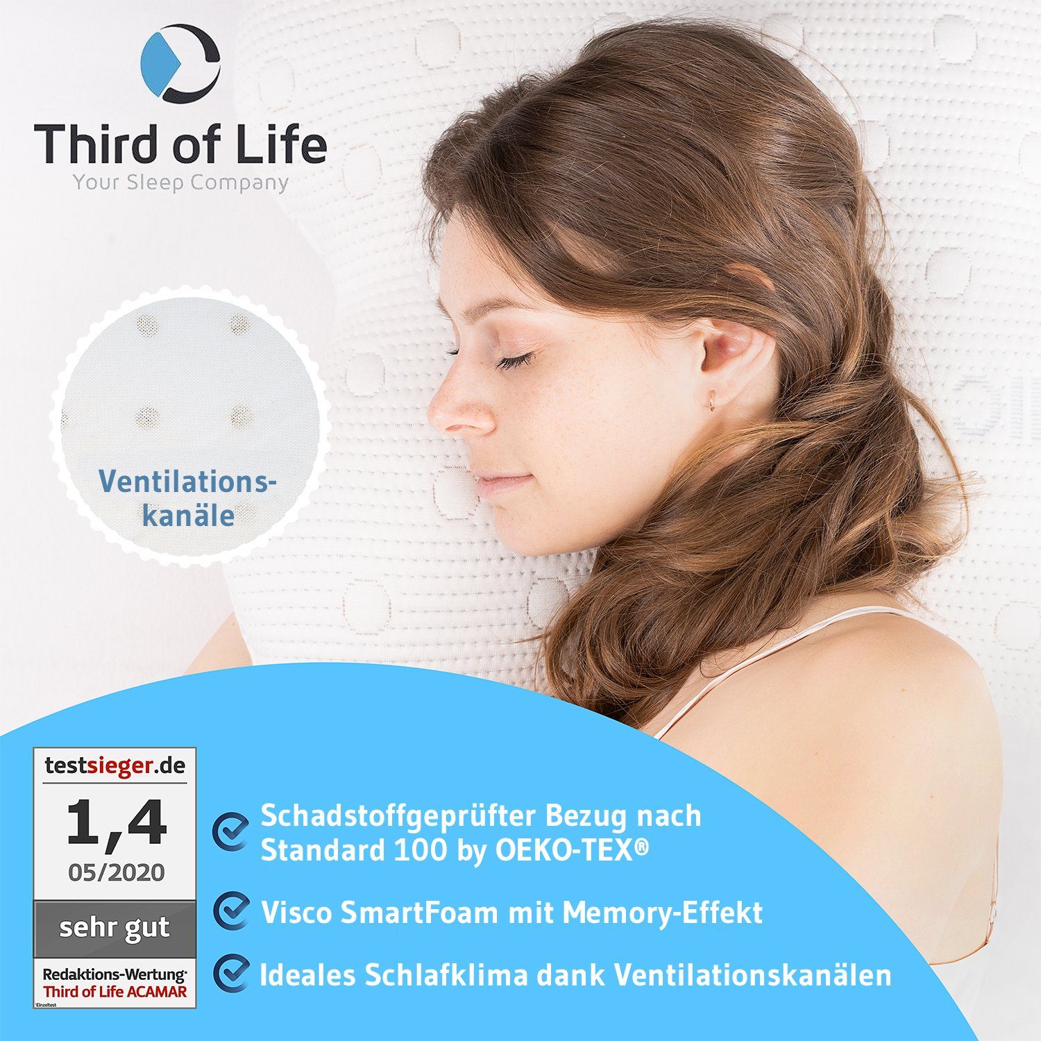 Third of Life Seitenschläferkissen ACAMAR, Ergonomisches Visco-Kopfkissen, Memory Foam Kissen mit Thermo-Bezug
