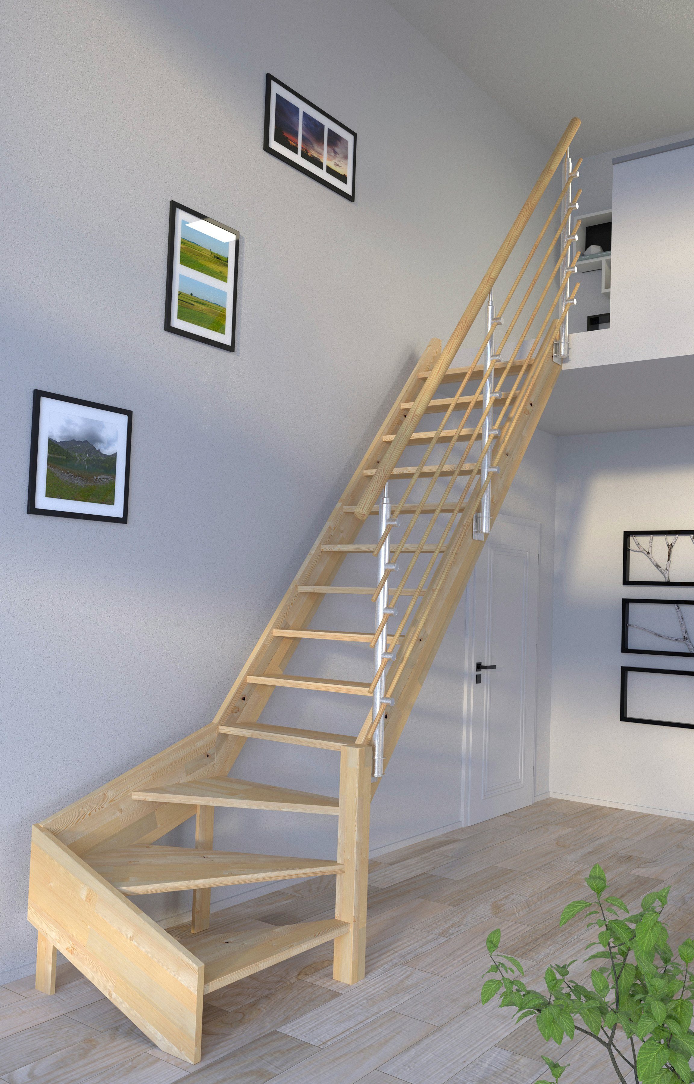Starwood Raumspartreppe Massivholz Korfu, Design-Geländer Holzrundstäbe, für Geschosshöhen bis 300 cm, Stufen offen, gewendelt Rechts, Durchgehende Wangenteile