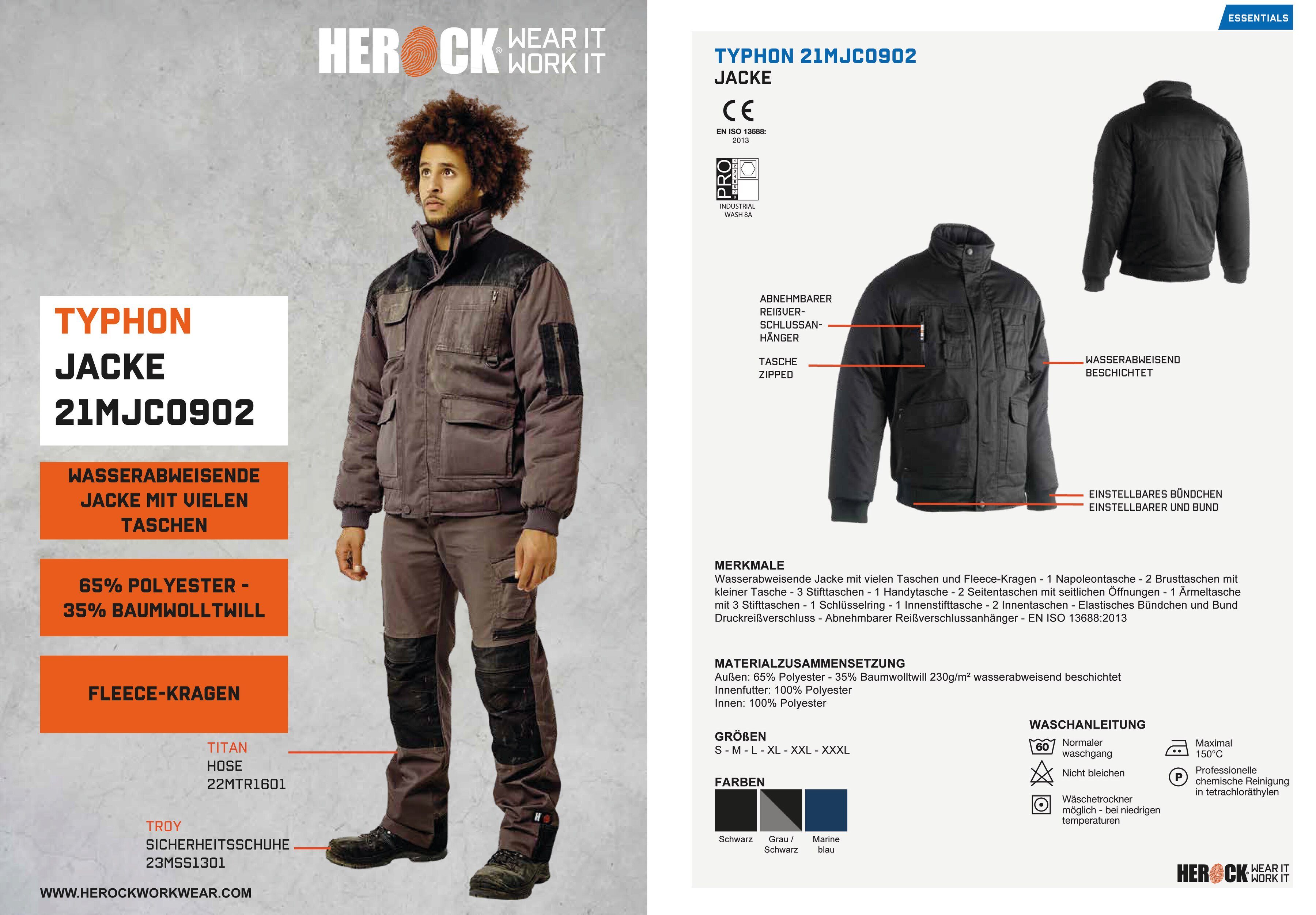 Herock Arbeitsjacke Typhon Jacke Wasserabweisend mit Fleece-Kragen, robust, viele Taschen, viele Farben