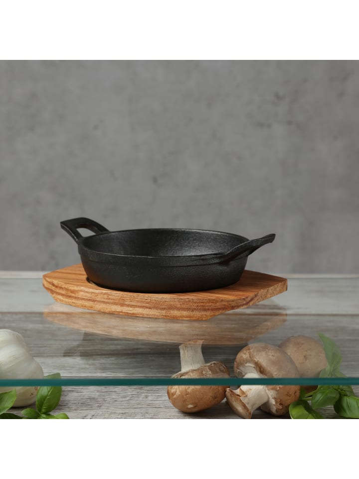 GAUMENKICK Servierpfanne mit Holzuntersetzer in schwarz - D: 12cm günstig kaufen onesize