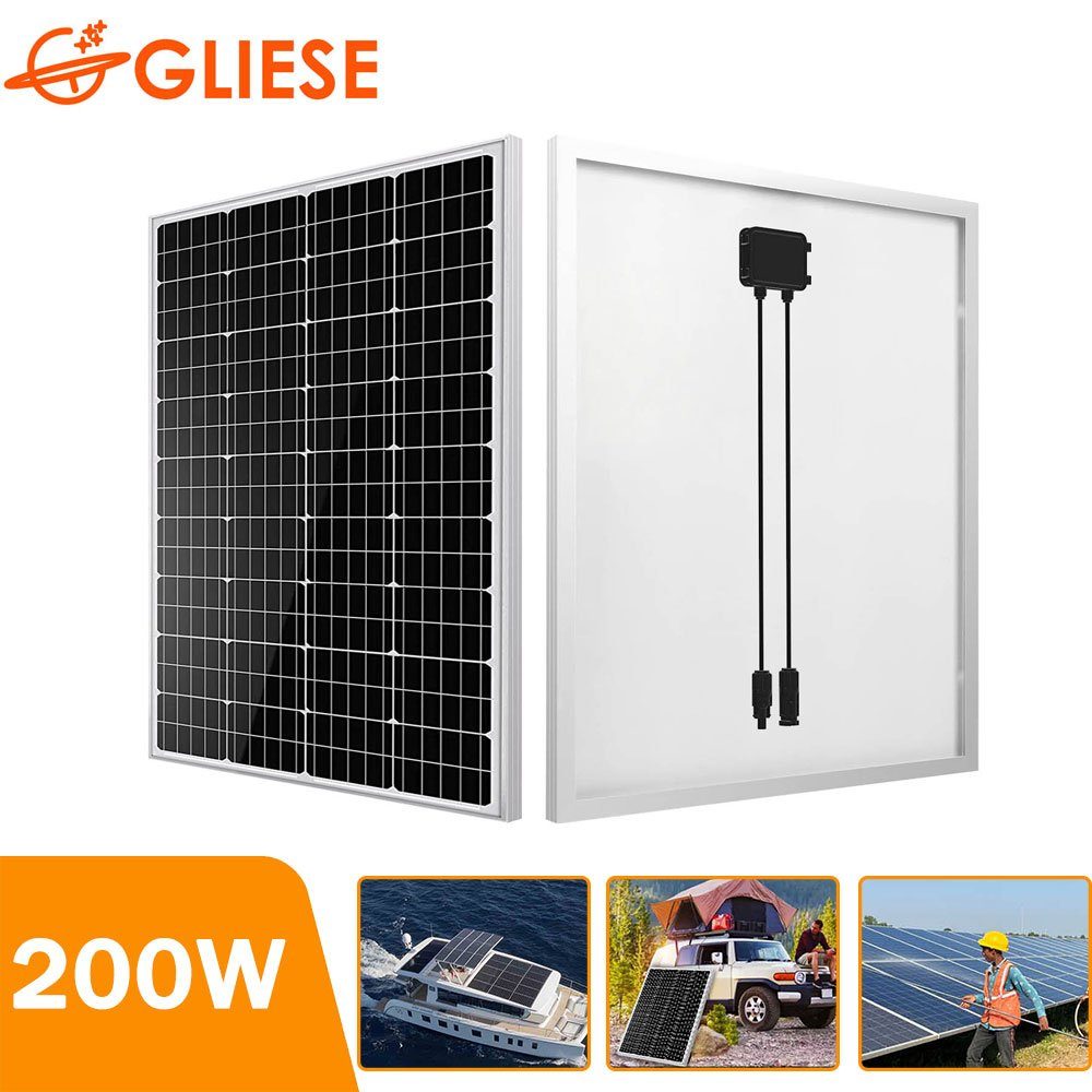GLIESE Solaranlage 200W 18V Solarpanel Balkonkrftwerk Solaranlage Photovoltaik Solarmodul, 200,00 W, Monokristallines, (Solarpanel, 1 Stück Solarmodul), IP65 Wasserdichte für 12V Akku Wohnmobil Auto Boot Garten Camper