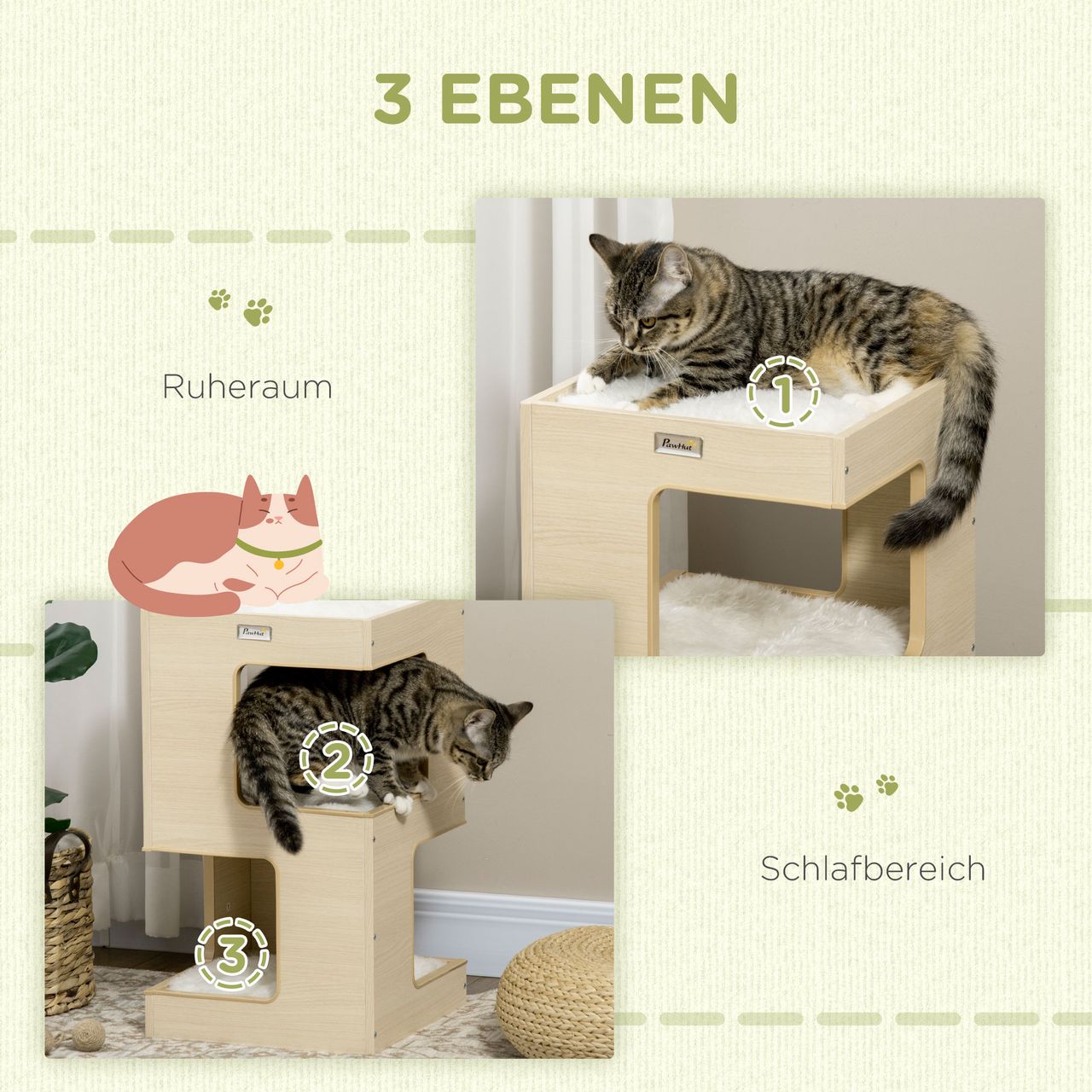 PawHut Katzenhöhle, Katzenhütte, 3-stufiger Katzenschrank mit Kissen, Eiche