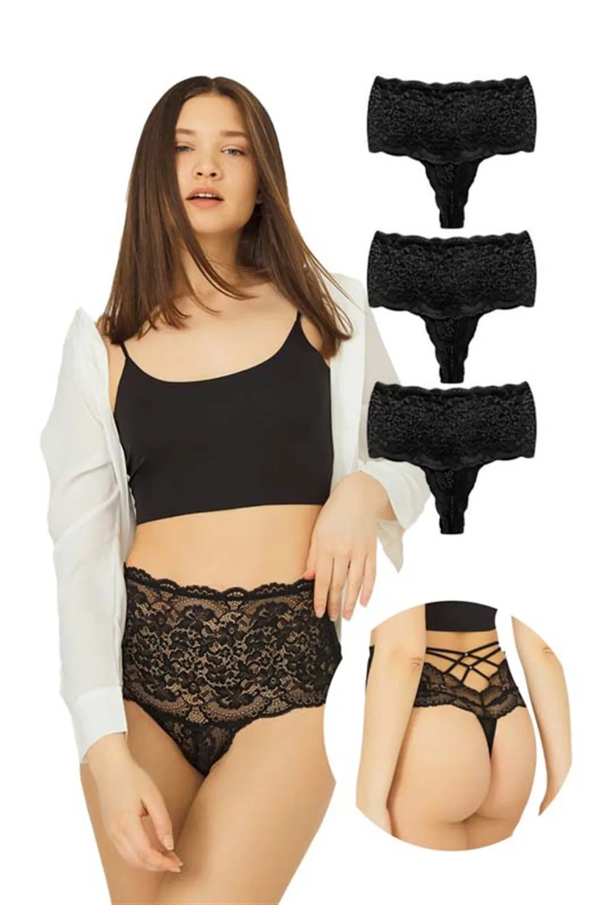 Cottonhill  Spitze, elastisch, detailliert, hohe Taille, Damen-Tangas, 3er-Pack Höschen – 3