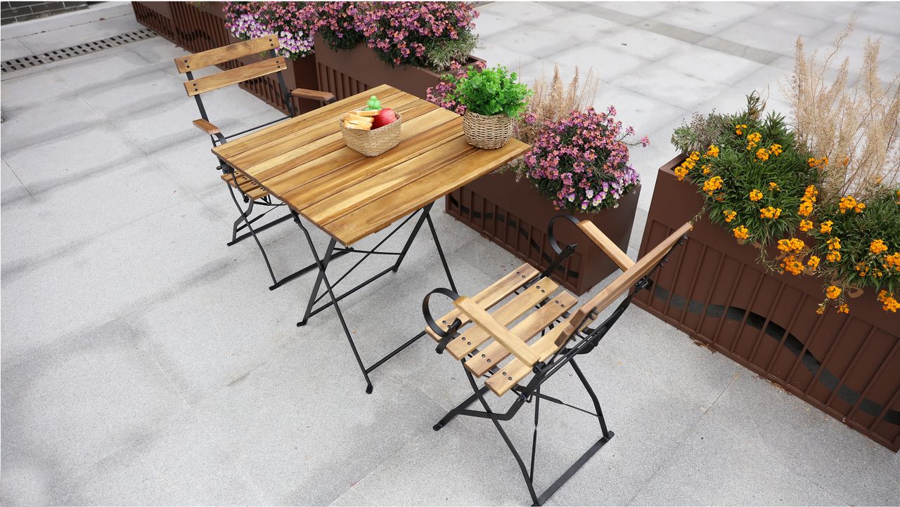 HC Garten & Freizeit Bistroset Outdoor-Klappstuhl-Set 3tlg., 2-Sitzer mit 2 Streben aus Akazienholz