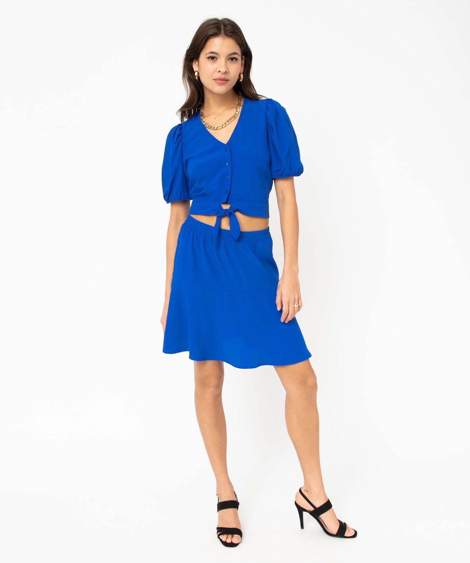 Jupe courte ample et fluide unie femme bleu | GEMO