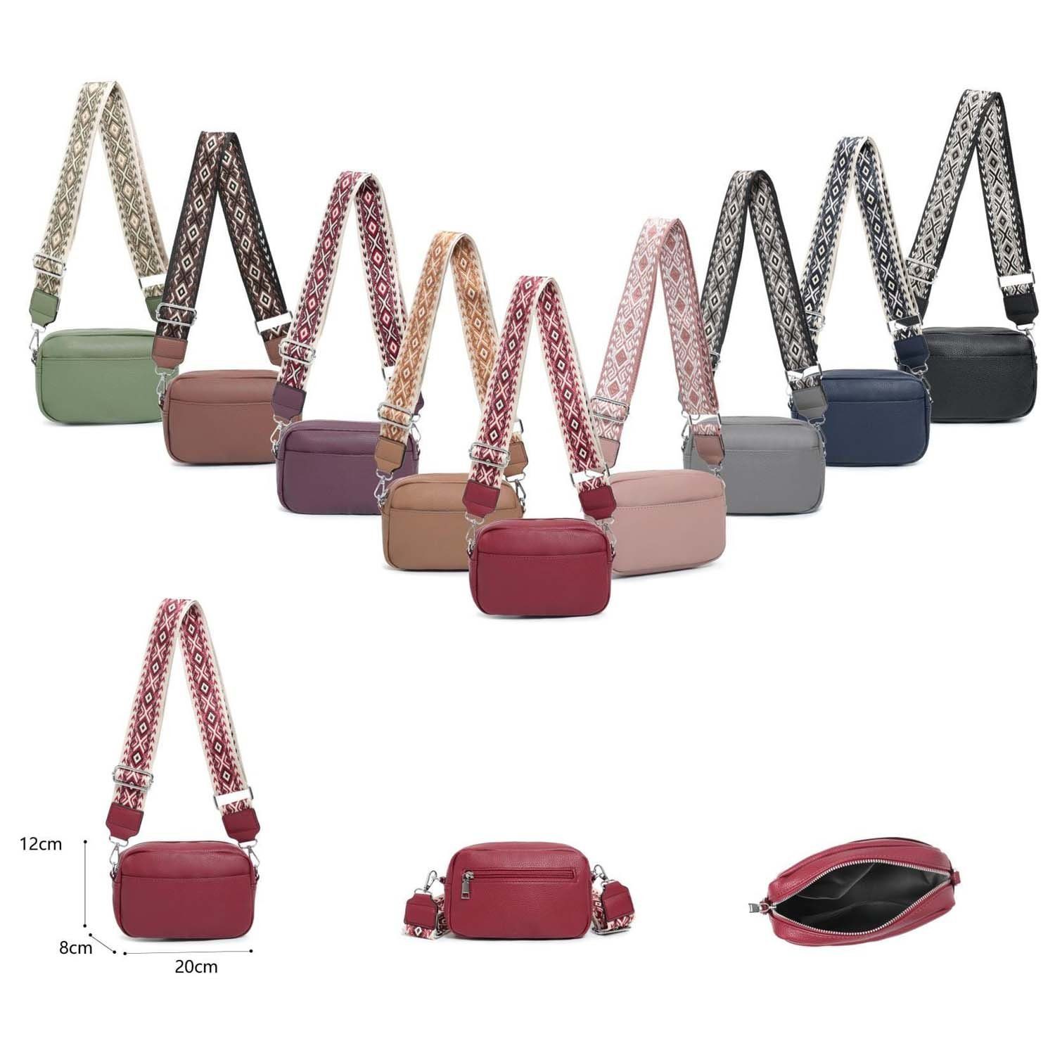 ITALYSHOP24 Schultertasche Damen kleine Umhängetasche CrossBody Crossover Handytasche Geldbörse (Spar-Set aus einer Tasche mit einem breitem Muster Stoffgurt/Umhängeband), Bodybag, Brusttasche, Hüfttasche, Muster Taschengurt, leicht Gewicht