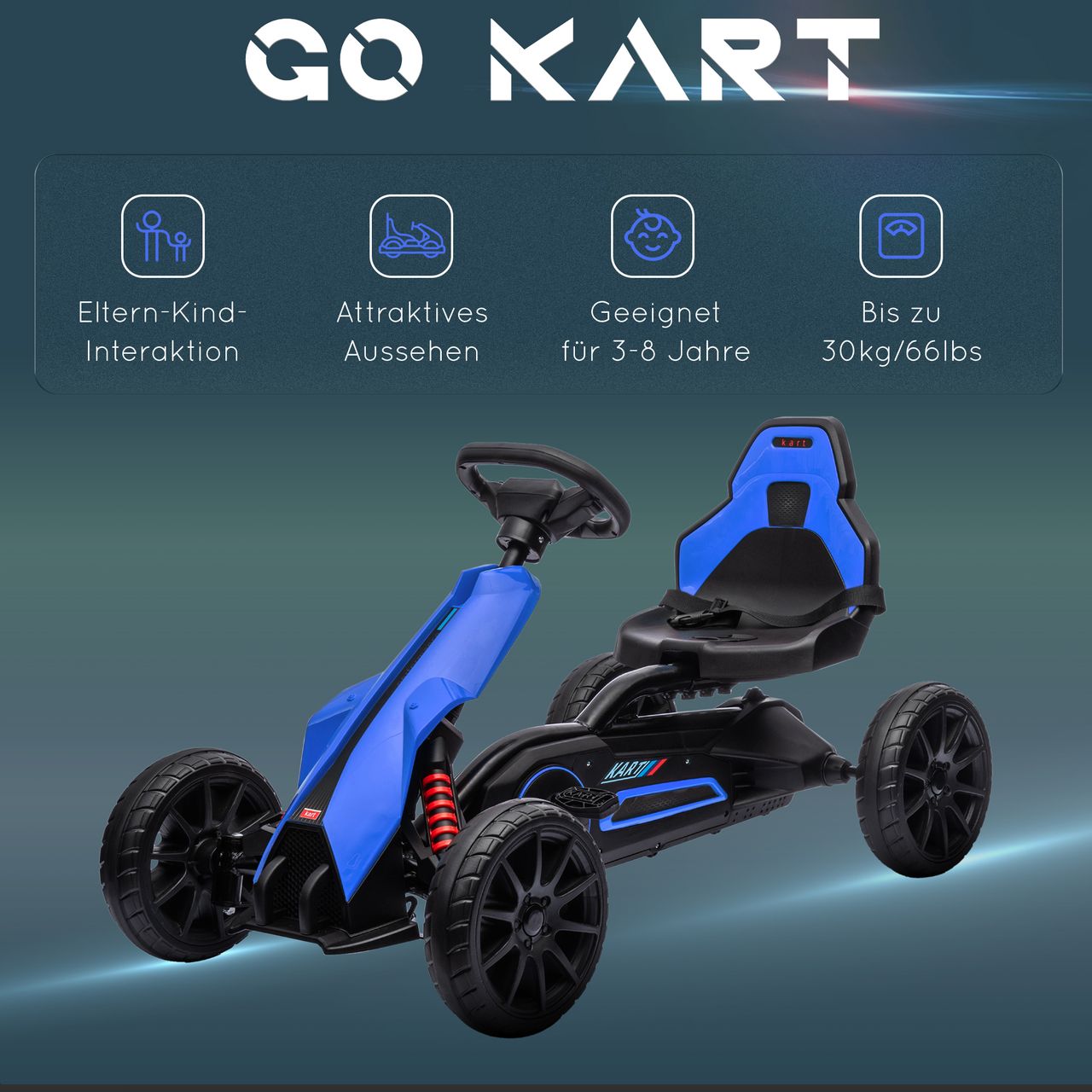 HOMCOM Gokart, Kinderfahrzeug mit verstellbarem Sitz, Tretfahrzeug, Blau