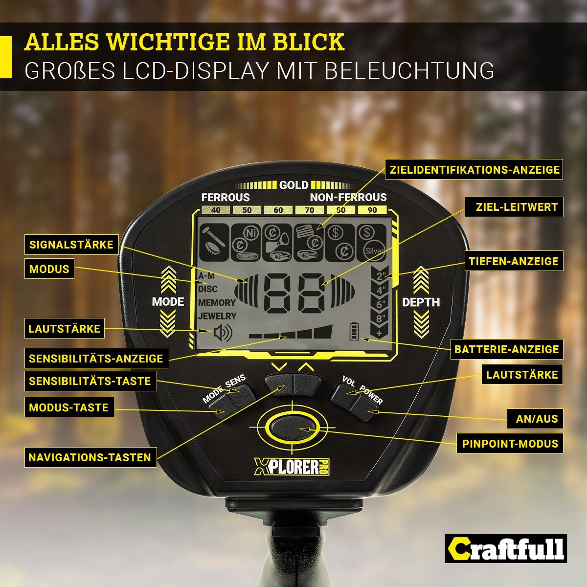 Craftfull Metalldetektor Metallsuchgerät Detector Komplettset XPlorer Pro inkl. Transporttasche, mit Gürtel-Tasche, Sondeln bis 30 cm Tiefe, 5 Modi, großes LCD-Display