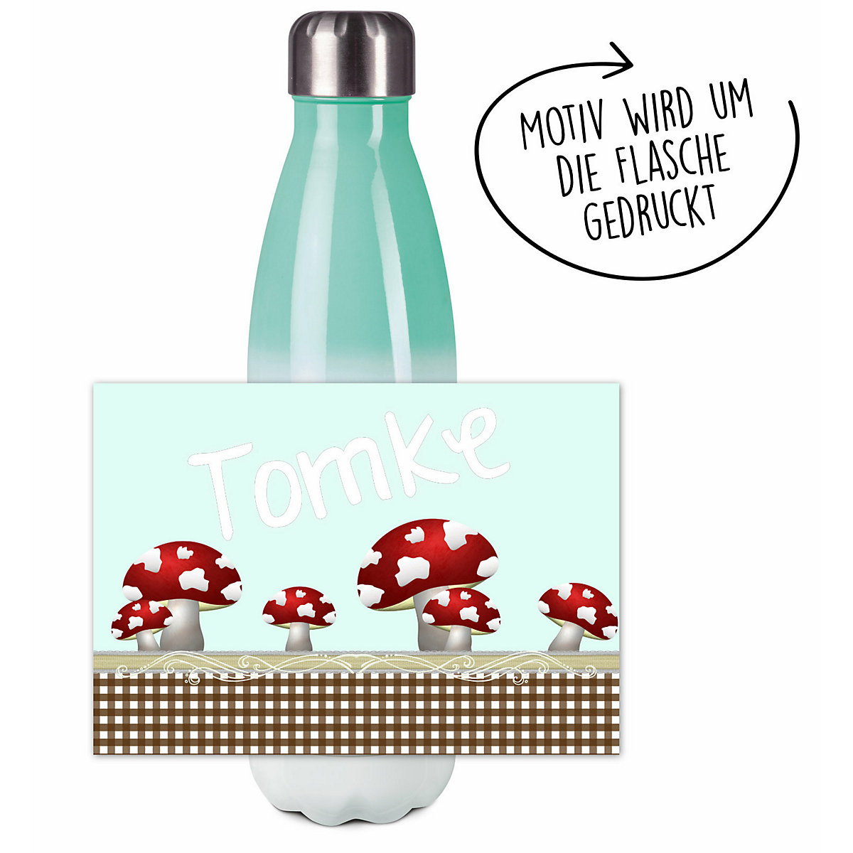 Edelstahl Kinder Thermoflasche / Trinkflasche bunt Pilz Farbe hellblau Spülmaschinenfest, Auslaufsicher, Bruchfest, Doppelwandig, Für Heißgetränke geeignet, Mit Deckel, Isoliert
