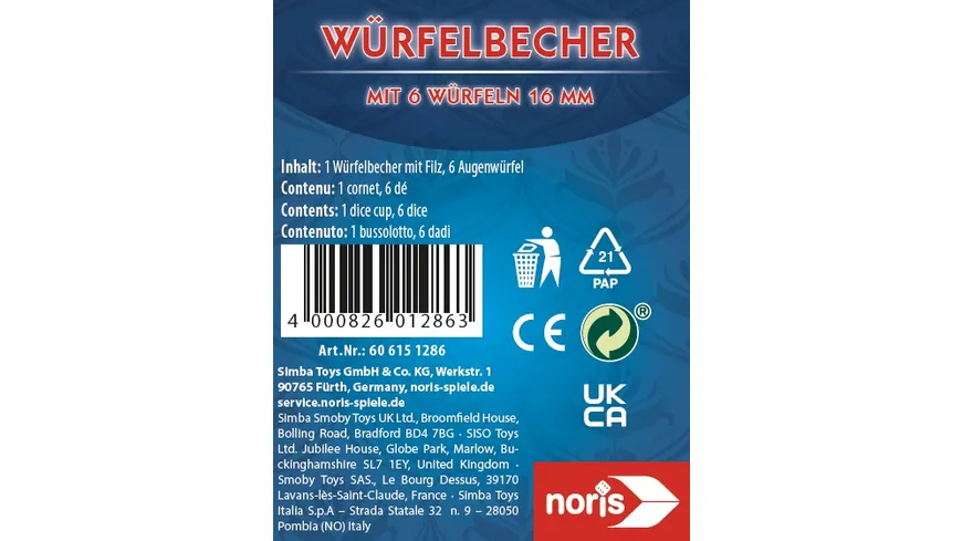 Noris Spiele - Würfelbecher mit 6 Würfeln