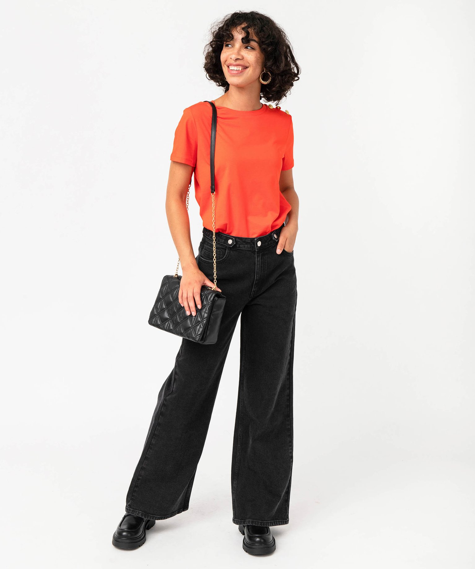 Tee-shirt manches courtes à boutons décoratifs femme orange | GEMO
