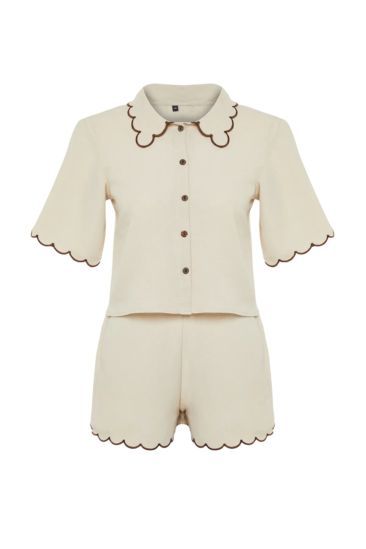 Trendyol Collection  Beige gewebtes Hemd-Shorts-Set aus Leinenmischung TBESS24AU00027