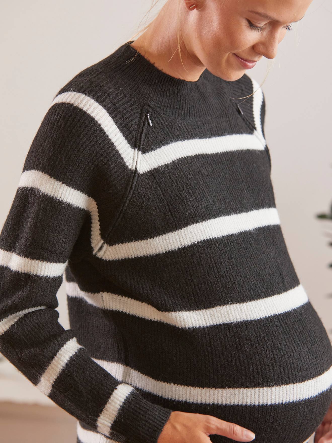 Vertbaudet Strickpullover für Schwangerschaft & Stillzeit - schwarz/beige gestreift