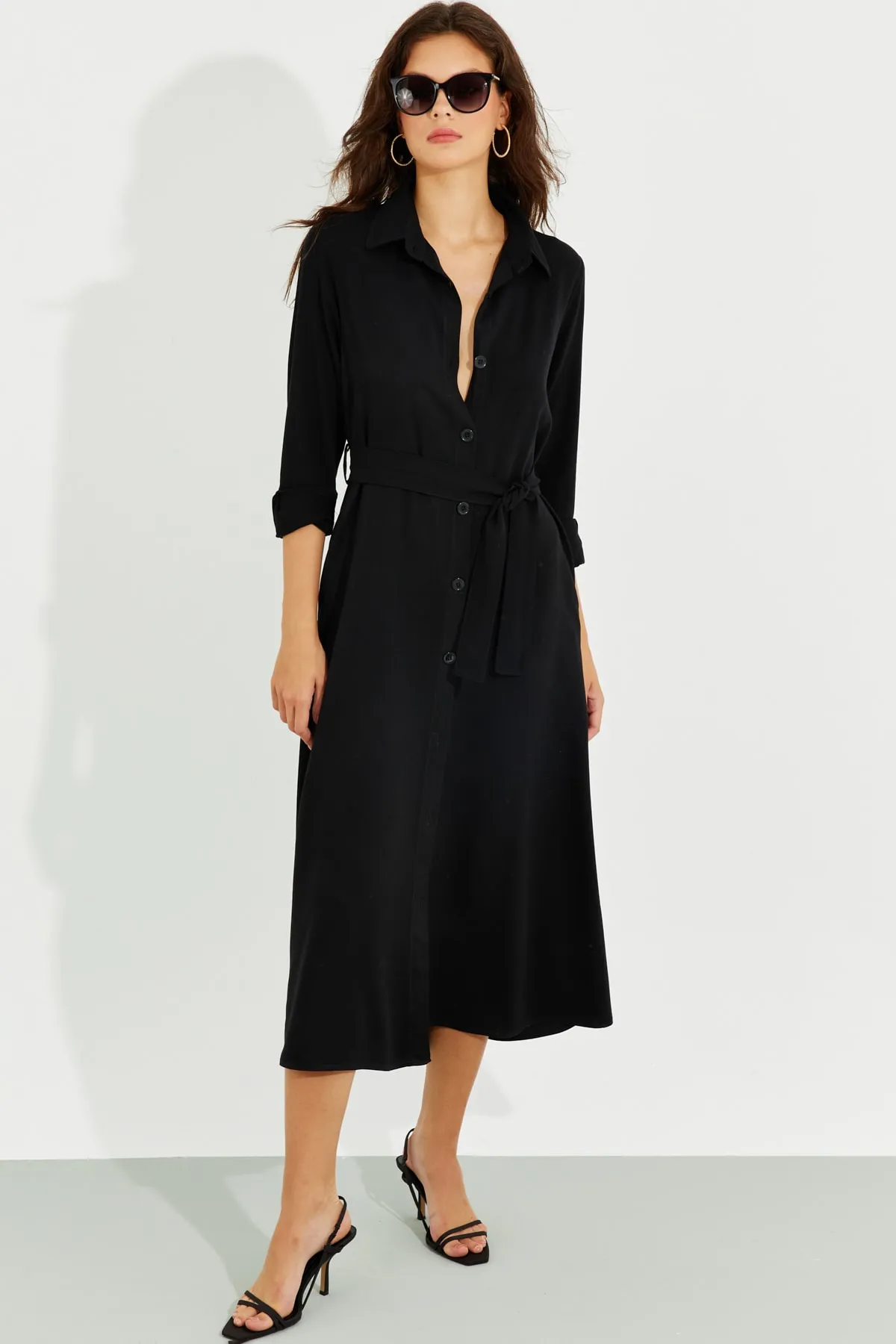 Cool & Sexy  Schwarzes Midi-Hemdkleid mit Tasche für Damen BK1683