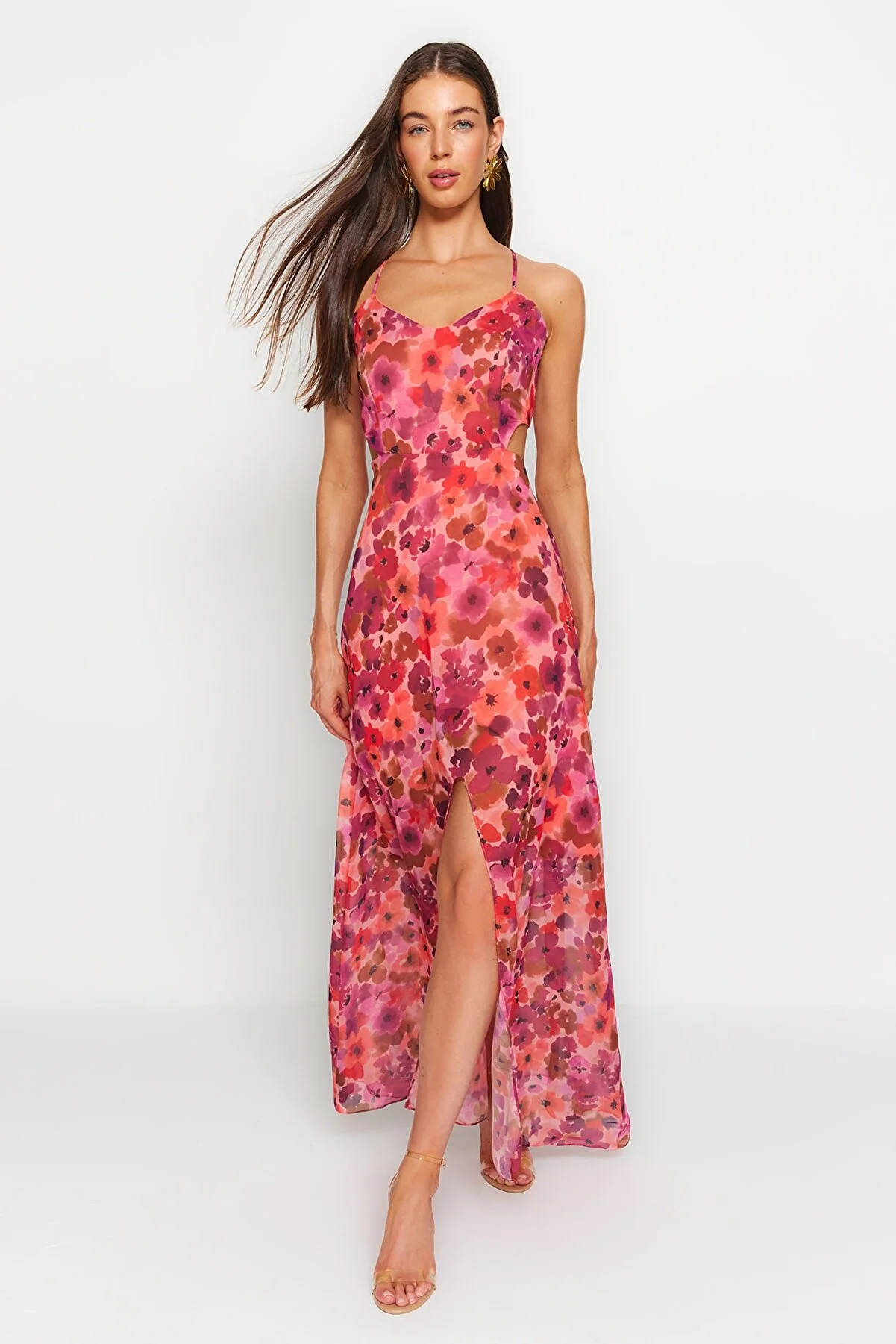 Trendyol Collection  Fuchsiafarbenes A-Linien-Maxi-Webkleid mit gefüttertem Fenster/Ausschnitt und detailliertem Blumendruck TWOSS20EL1270