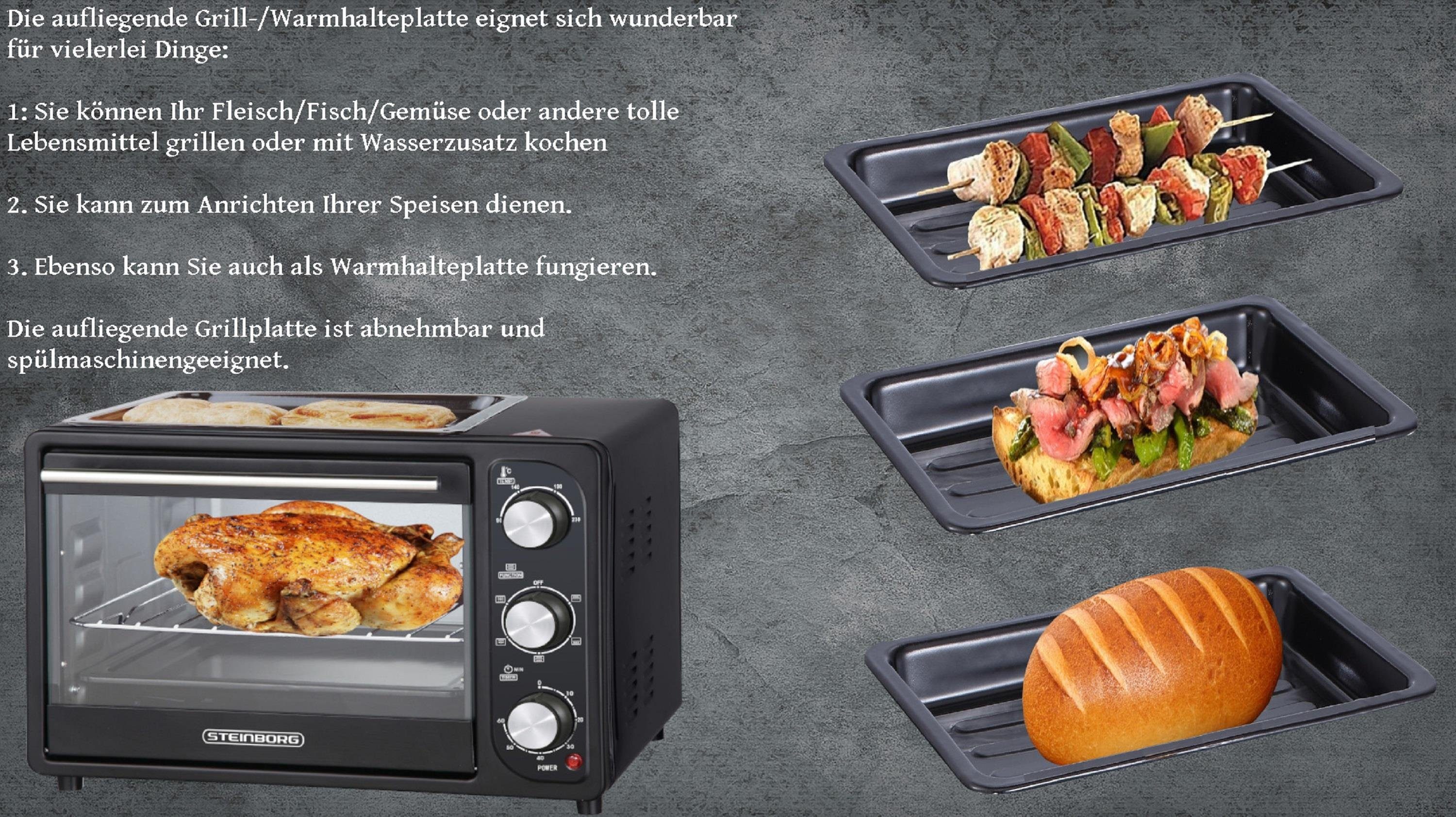 STEINBORG Minibackofen SB-3001, 20 Liter, Umluft, 3 in 1 Funktion, Grillplatte, großes Sichtfenster, 1300 Watt