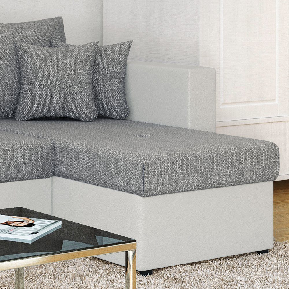 Vicco Ecksofa Sofa Couch Schlafsofa mit Schlaffunktion Weiß/Grau, mit Bettfunktion