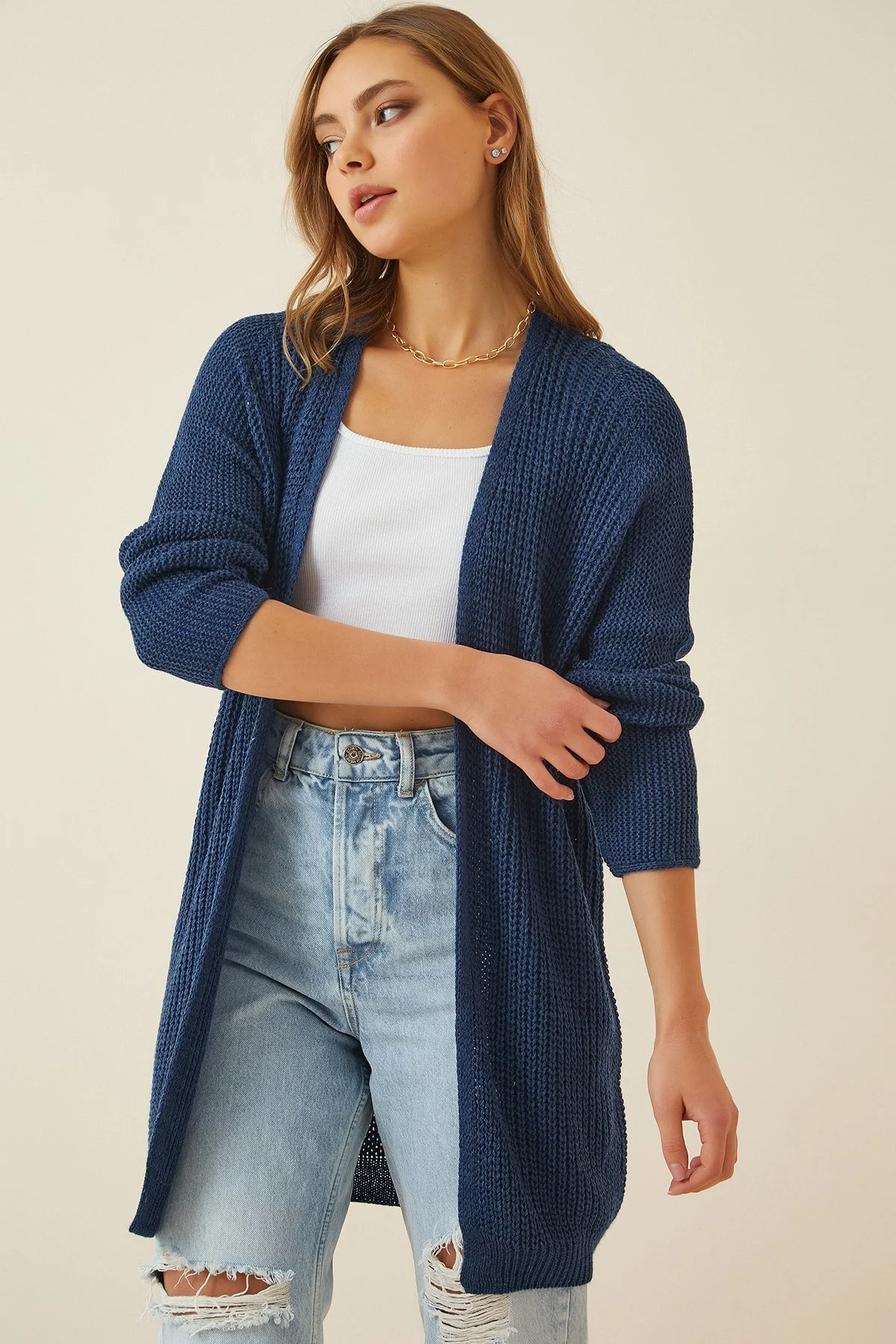 Happiness İstanbul  Damen-Cardigan „Thessaloniki“ aus Mesh in Kobaltblau, Basic-Strick, YG00095