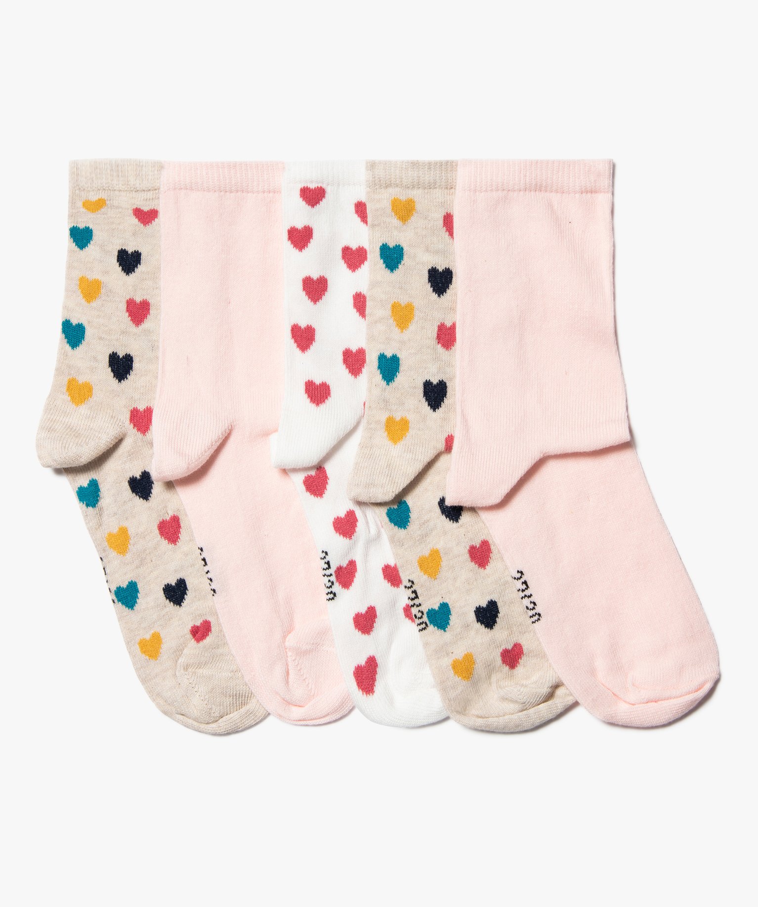 Chaussettes fille à motifs coeurs tige haute (lot de 5) beige | GEMO