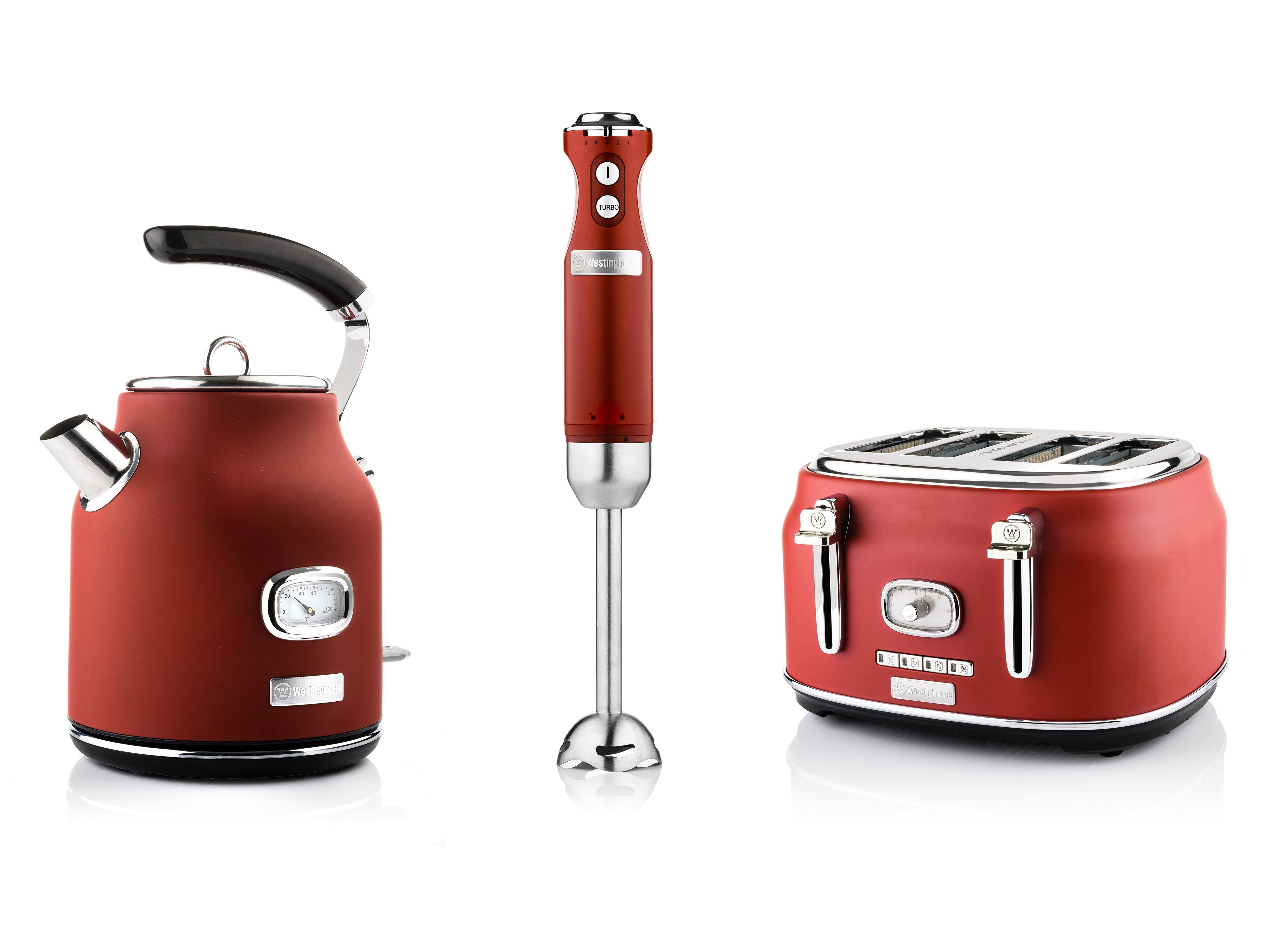 Westinghouse Toaster Retro Früstücksset, 4 kurze Schlitze, für 4 Scheiben, 1750 W, Wasserkocher 1,7 L Volumen & Stabmixer, 2 Klingen