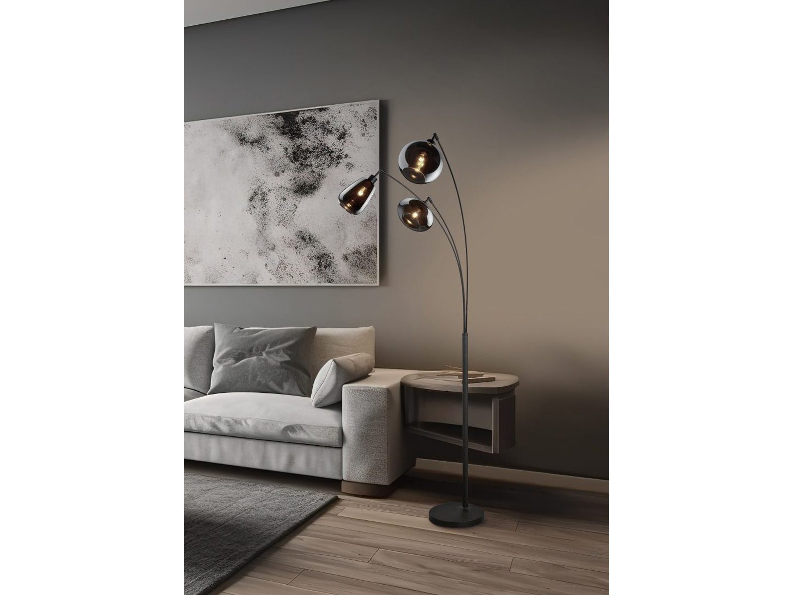 meineWunschleuchte LED Stehlampe, Dimmfunktion, LED wechselbar, Warmweiß, große Designer Leselampe dimmbar, schwarz, Kugel Rauchglas Höhe 200cm