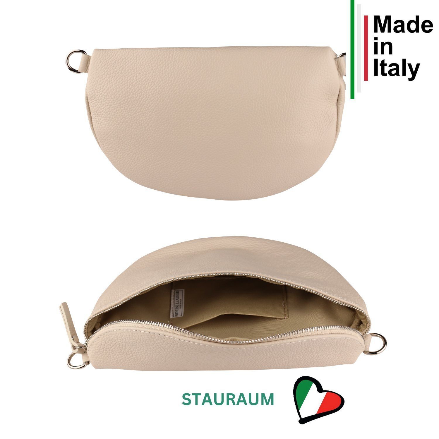 MIRROSI Bauchtasche Damen, Echtleder, Made in Italy, Umhängetasche, Brusttasche, (Schultertasche für jeden Anlass (1 Tasche & 2 Gurte), Crossbody Bag, Beige, gemusterten& verstellbaren Schulterriemen