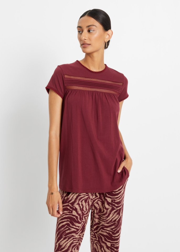 Baumwoll-Shirt mit Spitze in A-Line, kurzarm