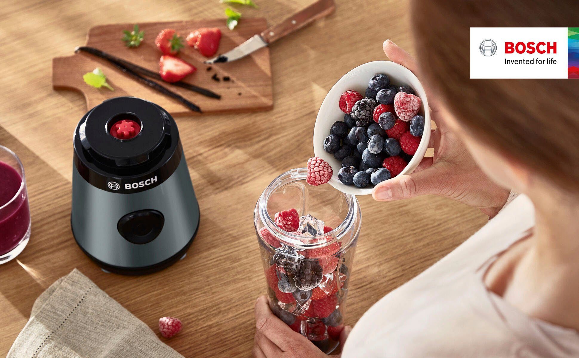 BOSCH Standmixer MMB2111S Mini VitaPower Serie 2, 450 W, 40.000 rpm, Tritan Flasche 0,6L, Trinkdeckel, auslauf- und bruchsicher