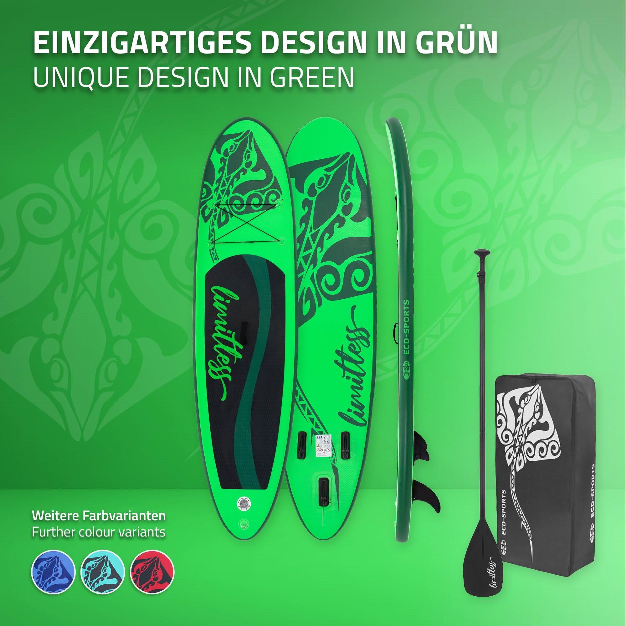 ECD Germany SUP-Board Aufblasbares Stand Up Paddle Board Limitless Surfboard, Grün 308x76x10cm PVC bis 120kg Pumpe Tragetasche Zubehör